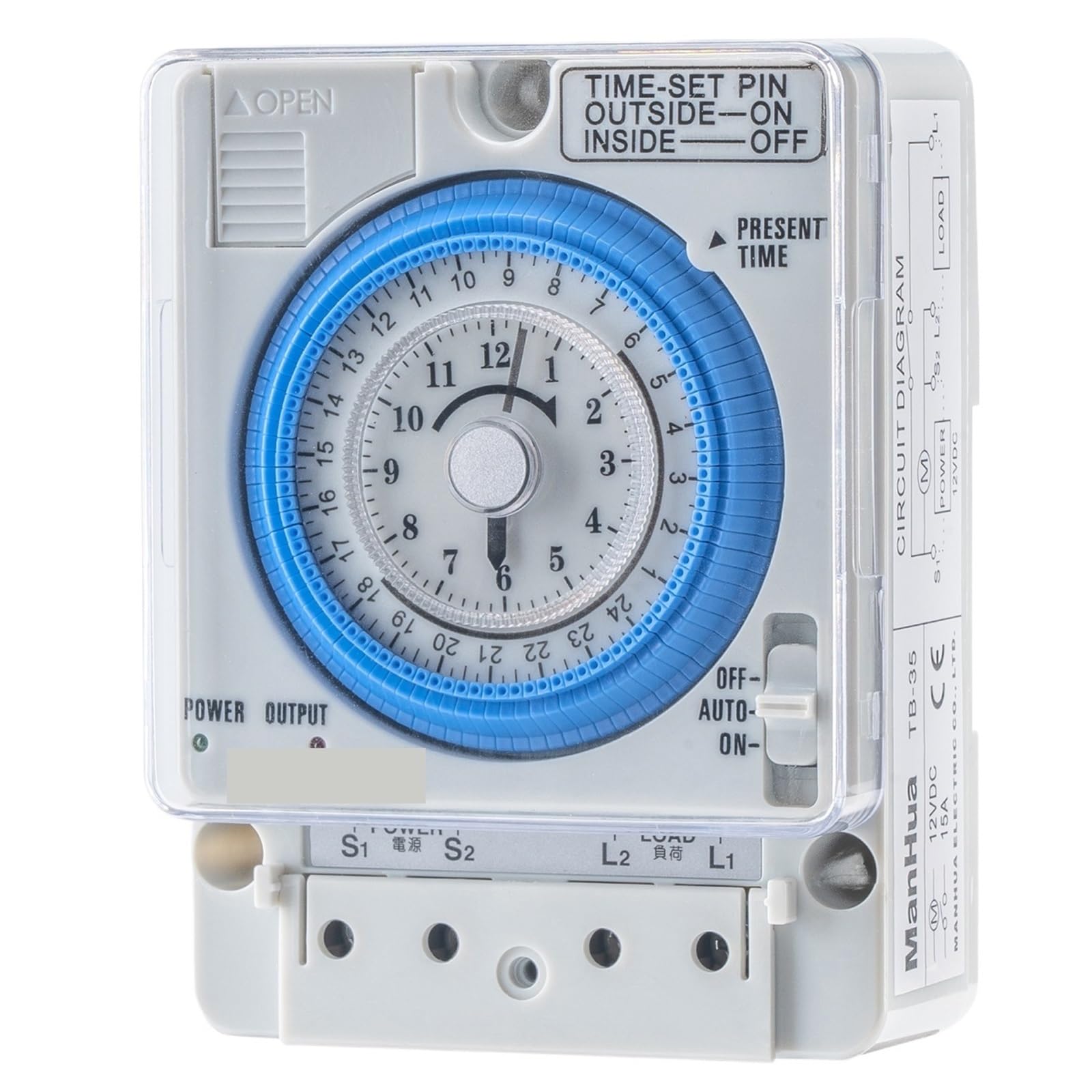 TB35 analogowy wyłącznik czasowy do szyny DIN 24h 12 V DC 15 A, mechaniczny regulator czasu