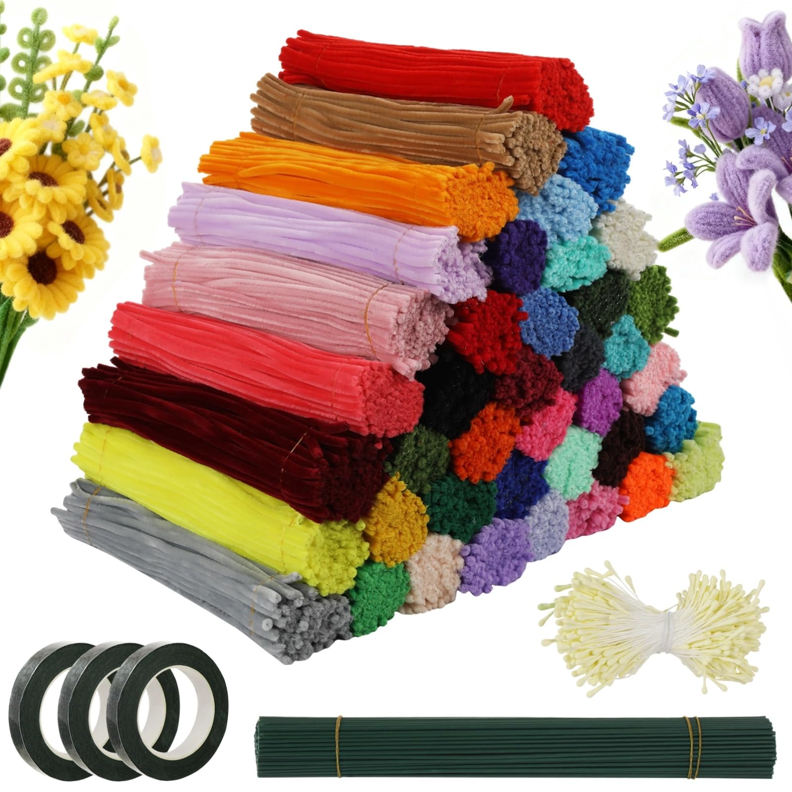 Lot de 4 000 cure-pipes en chenille en 40 couleurs, 100 tiges de fleurs, 3 rouleaux de ruban adhésif floral et étamines, bâtons torsadés pliables de 30 cm pour projets artistiques