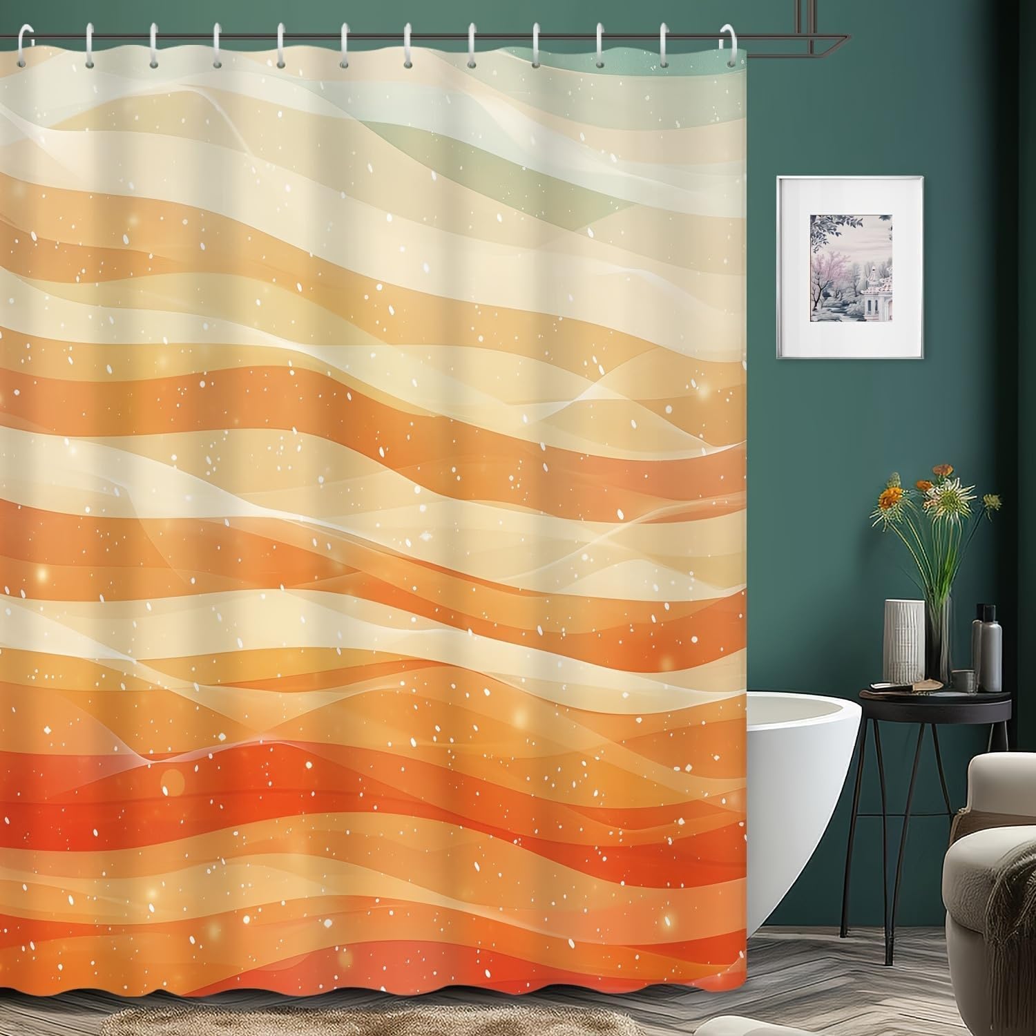 Rideau de Douche Orange et Beige 300 x 200 cm (L x H), Motif Abstrait dégradé de Lignes ondulées, Style bohème, Lavable et imperméable, avec Crochets