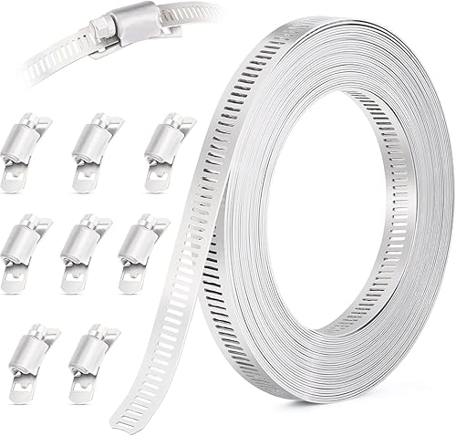 Miniatura 10 de Abrazaderas de manguera de 20 pies, kit surtido de abrazaderas de manguera de acero inoxidable 304, correas de metal con agujeros + 10 sujetadores,