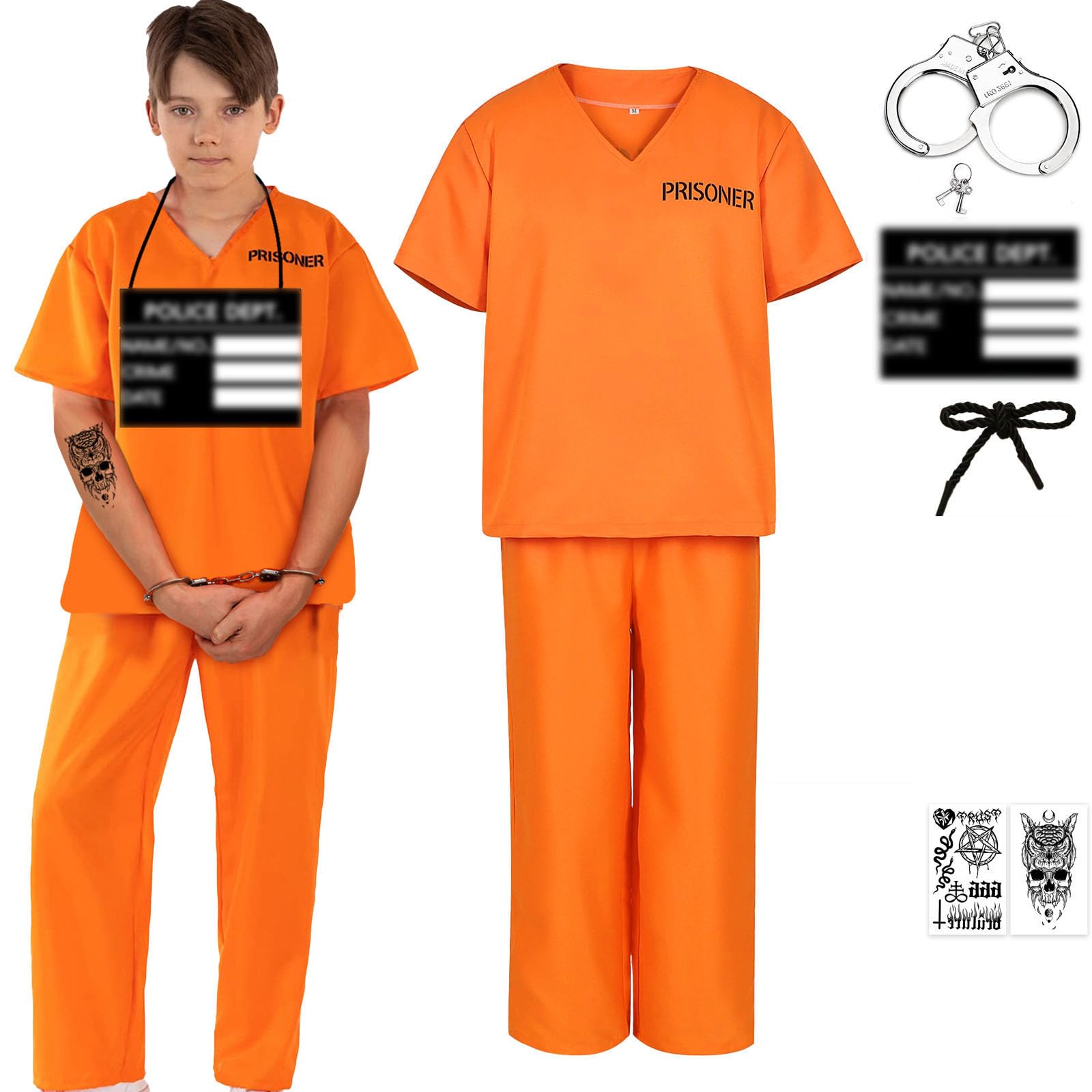 Dacnod Orange Convict Fancy Dress Outfit for Boys Girls Prisoner Costumes with Handcuffs Sticker Orange Jail Costume Halloween Fancy Dress