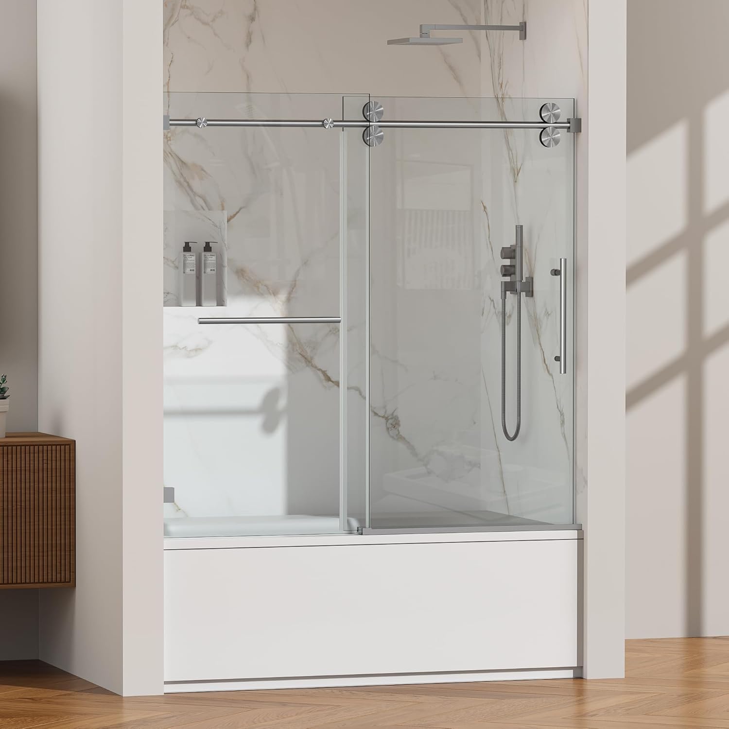 Frameless Single Sliding Shower Door, 55"-61" W x 66" H, 3/8" (10mm) ANSI Clear Tempered Glass, 304 Stainless Steel Hardware, Modern Frameless Glass Shower Door Gunmetal