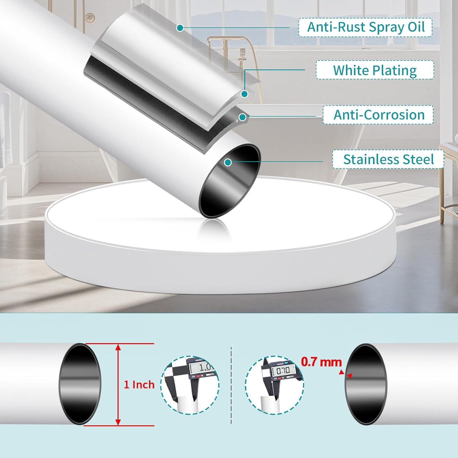 YNL Shower Curtain Rod 34-82 Inches (2.8-6.8ft) Adjustable Spring Shower Rod No Drilling, Non-Slip, Never Rust, Stainless Steel, Suitable for Bathroom Window Living room, White