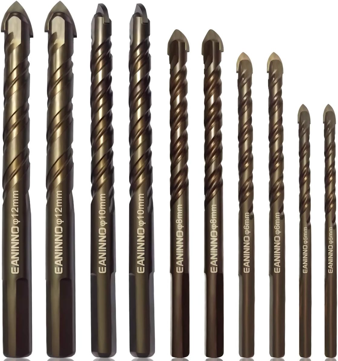 EANINNO 10 Pieces Masonry Drill Bit Set, Carbide Tip Concrete Drill Bits for Ceramic Tile/Pots Holes/Brick/Porcelain Wall/Glass/Wood, Multipurpose Installer Bit Tool, 5 6 8 10 12 mm