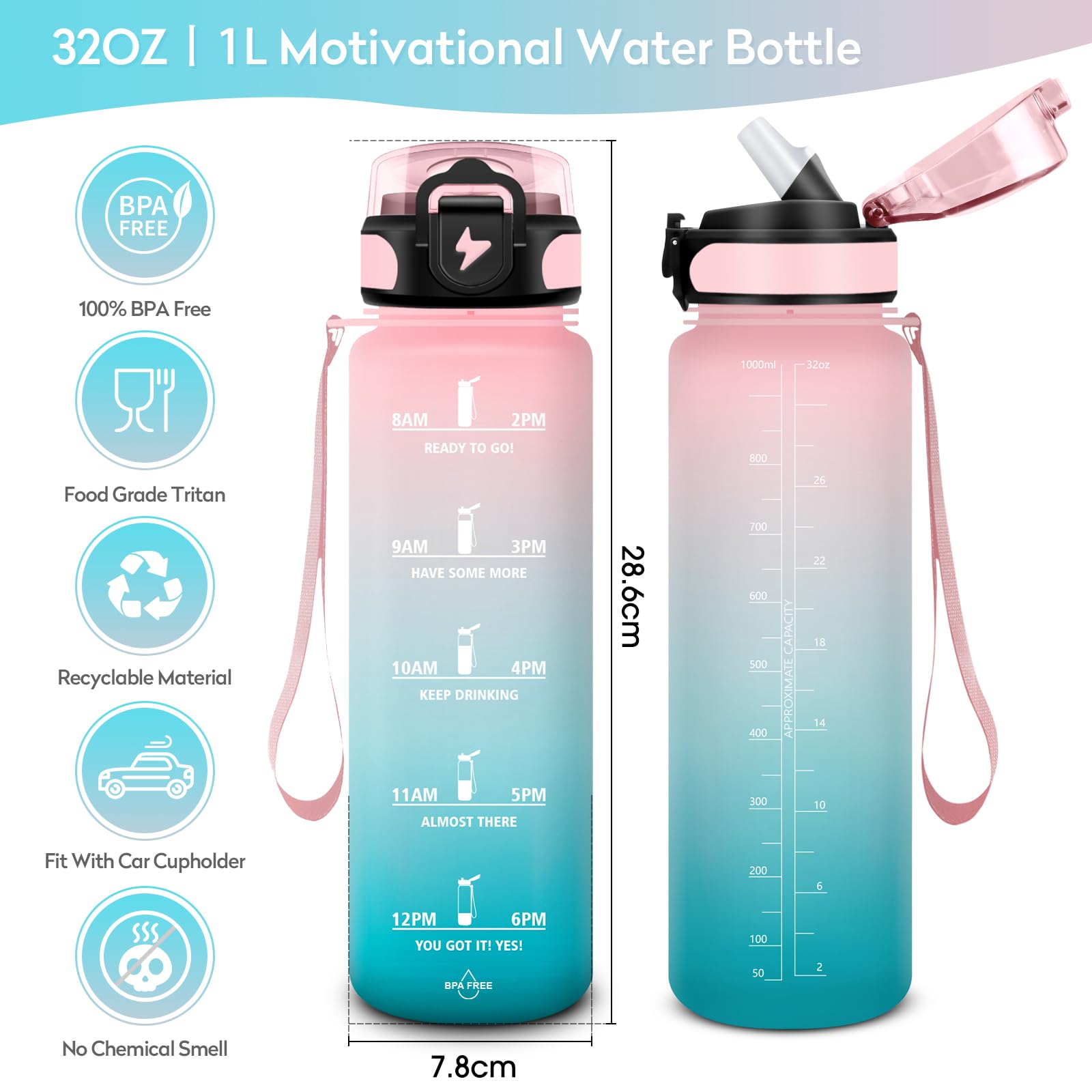 Borraccia con Cannuccia, 1 Litro BPA Free, Borraccia Palestra, Scala Temporale, Borracce Motivazionale, con Bocca Larga e Coperchio Antigoccia, Bottiglia Acqua, Ideale per Scuola, Ufficio, Palestr