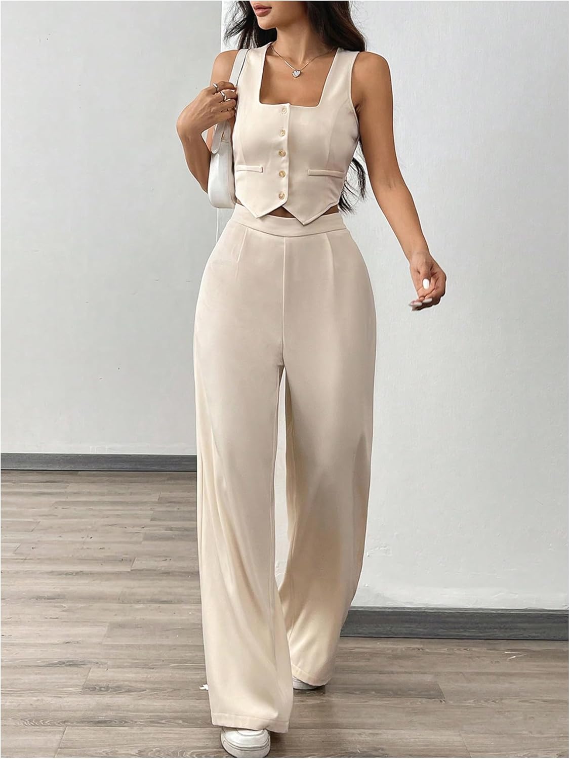 WDIRARA Women's 2 Piece Outfits Button Down Sleeveless Clothing Sets Crop Blazer Vest and Wide Leg Pants Set - Image 3