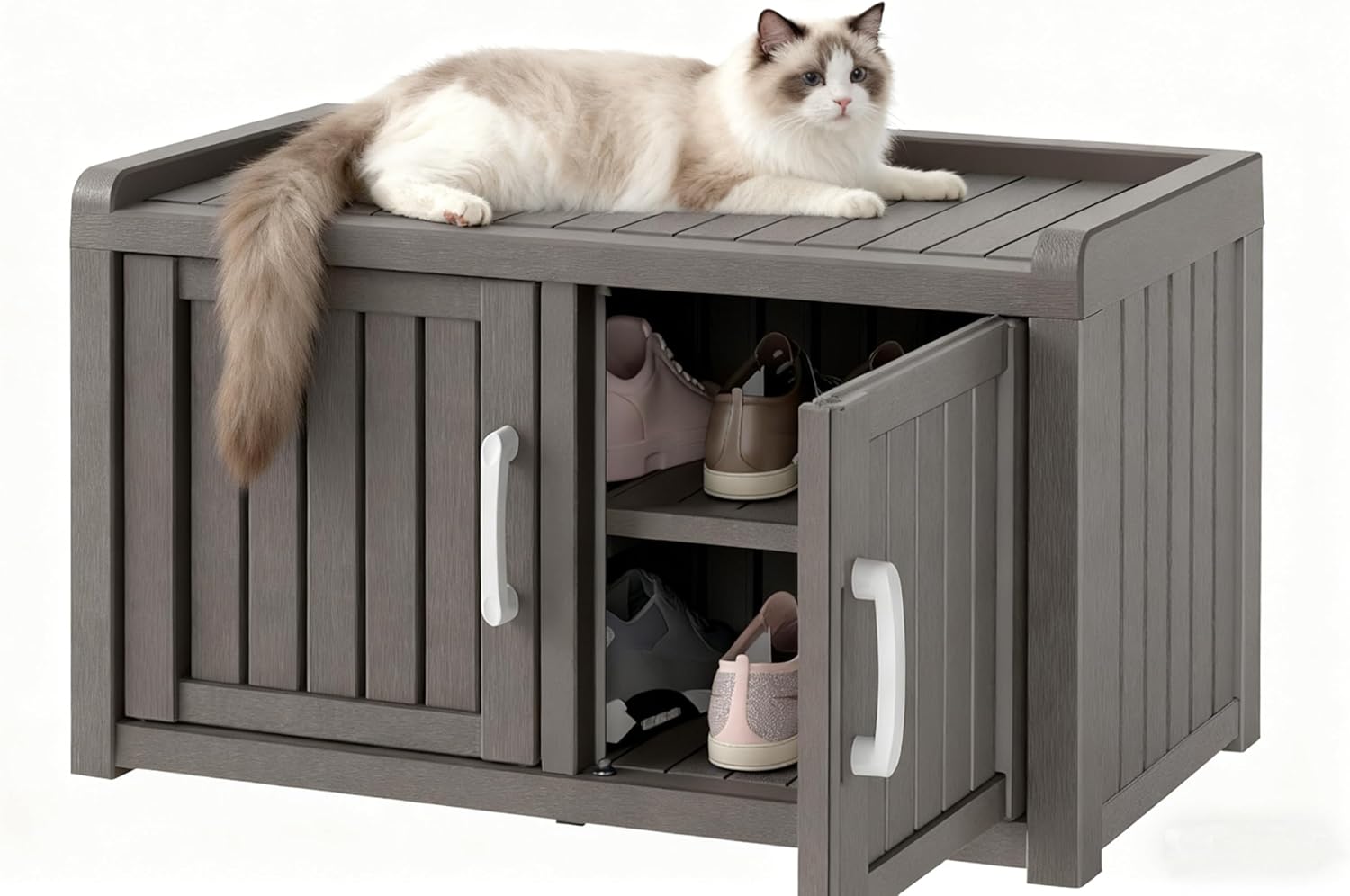 NUNU LAB Shoe Cabinet, Waterproof UV-Resistant Outdoor/Indoor Shoe Storage Cabinet with Adjustable Shelves, Shoe Organizer Bench with 2 Barn Doors for Foyer, Hallway, Living Room, Black