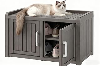 NUNU LAB Shoe Cabinet, Waterproof UV-Resistant Outdoor/Indoor Shoe Storage Cabinet with Adjustable Shelves, Shoe Organizer Bench with 2 Barn Doors for Foyer, Hallway, Living Room, Black