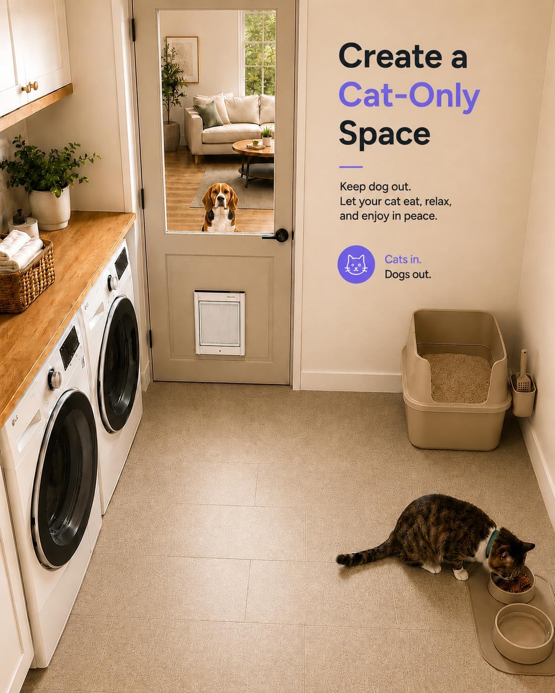 Cat Door with Collar Sensor, Automatic Cat Door, with Curfew, XS | Collar-sensor access, cat door, three control modes, curfew entry, aluminum build, white, XS sizing