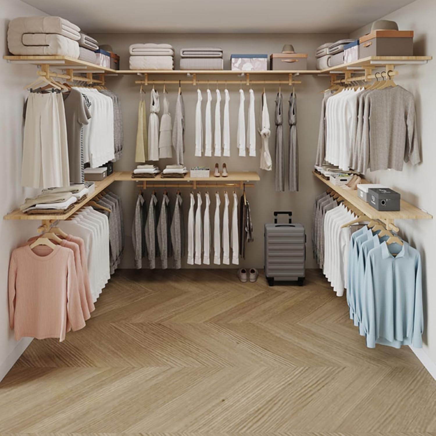 Clothes Rack with Top Shelf Wall Mounted wood Garment Clothing Rack with Hanging Rod,Closet Wardrobe Rack Floating Shelf Shoe Racks Organizer Hanger Sturdy Multi-functional Bedroom Rack,Space Saving(1