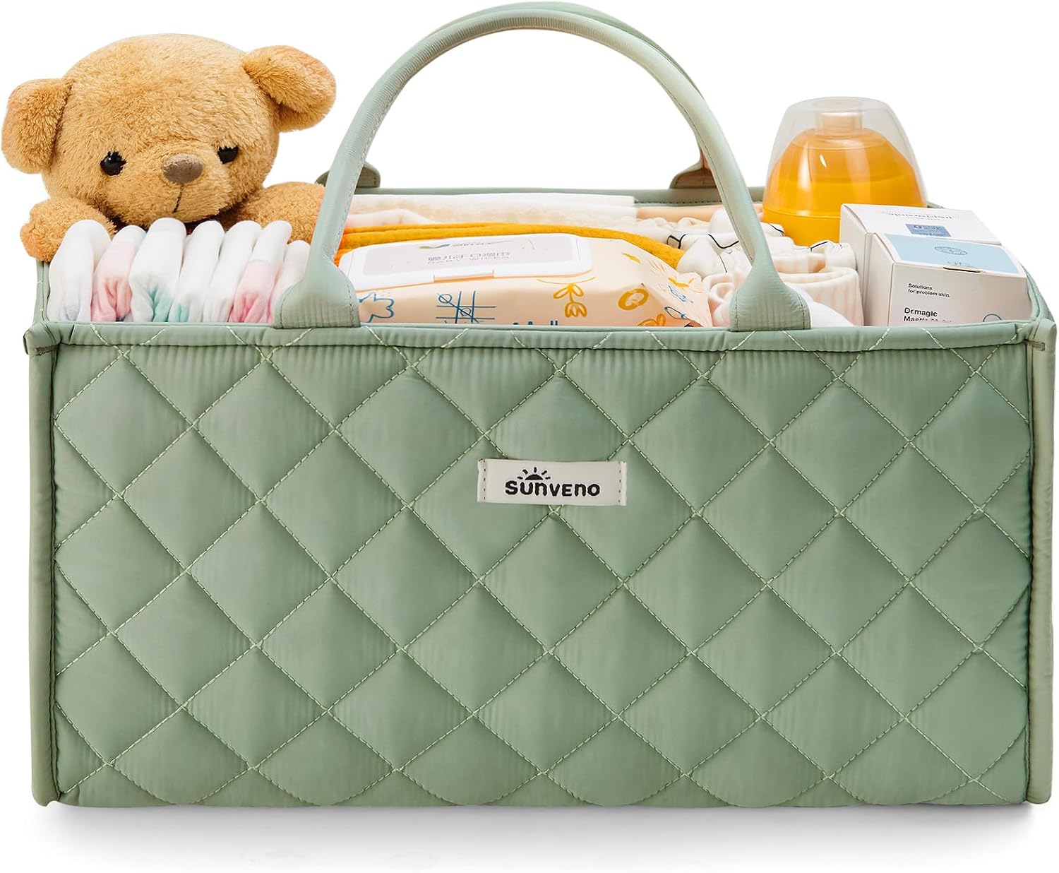SUNVENO Quilted Diaper Caddy Organizer, Soft Padded Baby Diaper Caddy with Removable Dividers, Large Nursery Storage Basket for Diapers, Wipes and Baby Essentials, Portable Nursery Organizer
