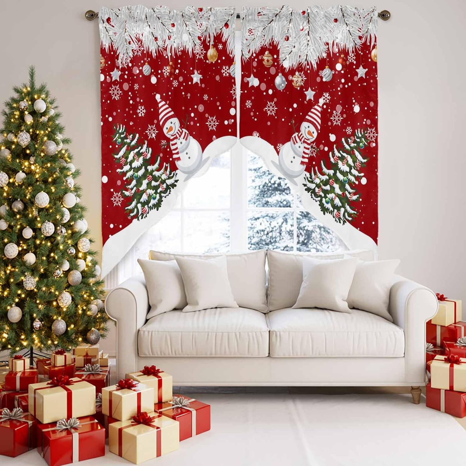 Christmas Swag Valances for Windows Red Xmas Tree Ball Snowman Rod Pocket Window Treatment Pine Needles Snow Kitchen Window Curtains Swag Curtain Valance for Living Room, Bedroom 72" W x 36" L