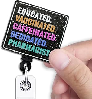 Funny Pharmacist Retractable Badge Reel, Educated Vaccinated Caffeinated Dedicated Pharmacist Black Glitter Badge Reel with Clip, Funny ID Card Holder Gifts for Pharmacy Nurse Medical Work