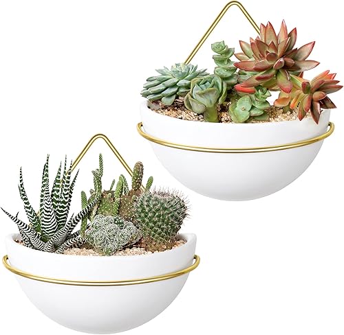 Mkono Juego de 2 macetas colgantes de cerámica con colgador geométrico de metal para plantas, moderna maceta montada en la pared para suculentas,