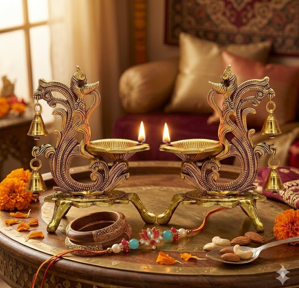 Saudeep India Oxidized Metal Diya for Puja | Diwali Oil Lamp Peacock Design Perfect Gift | Antique Akhand Deepak Home Decor 14x9x20cm (Pack of 2 Diya with Bro Rakhi)-picture-24