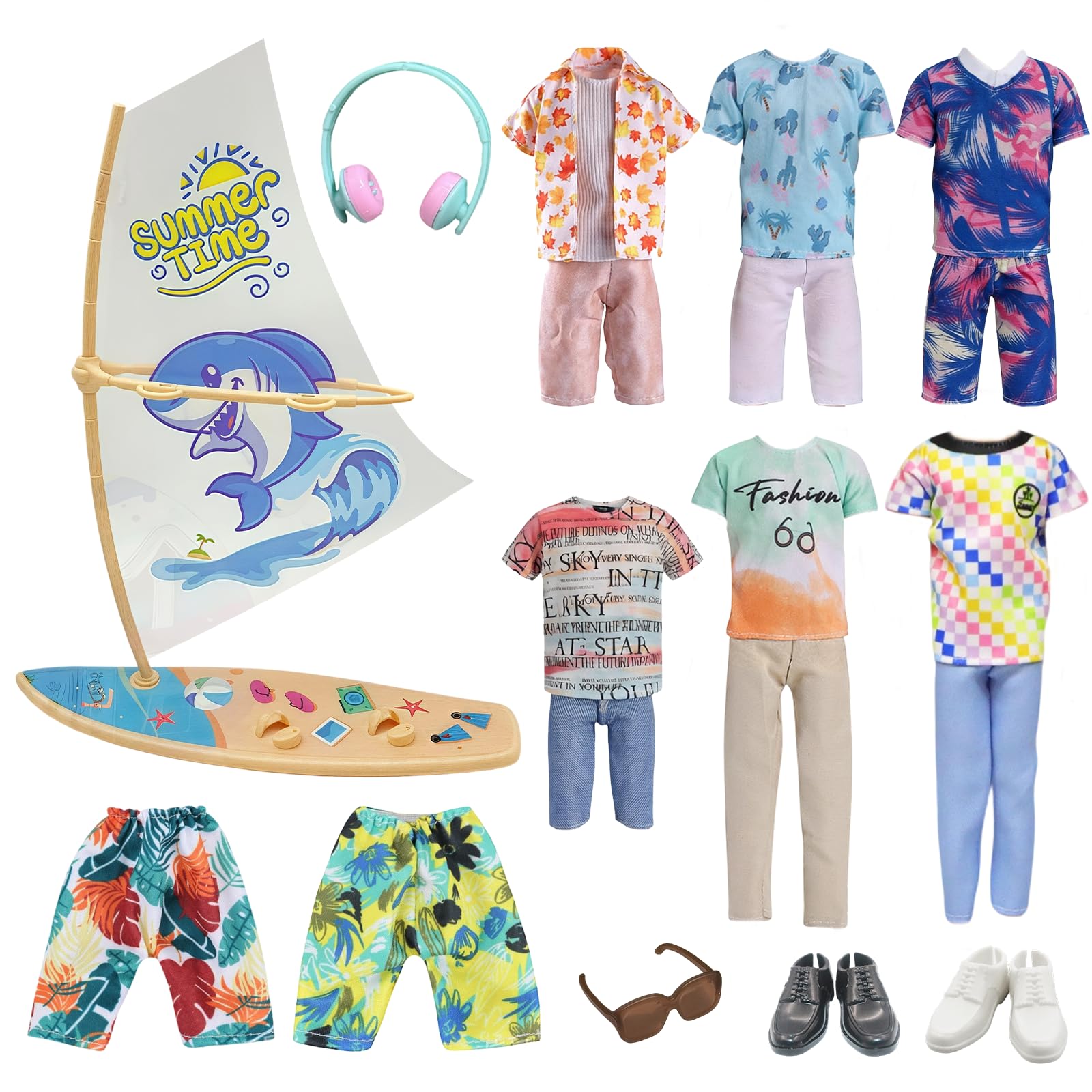 20 Pcs Boy Dolls Clothes Compatible with Ken Doll, Including 6 Short-Sleeved Tops 1 Shirt 2 Trousers 6 Shorts 1 Sailing Boat 1 Headphones 1 Glasses 2 Shoes for 12 inch Boy Dolls