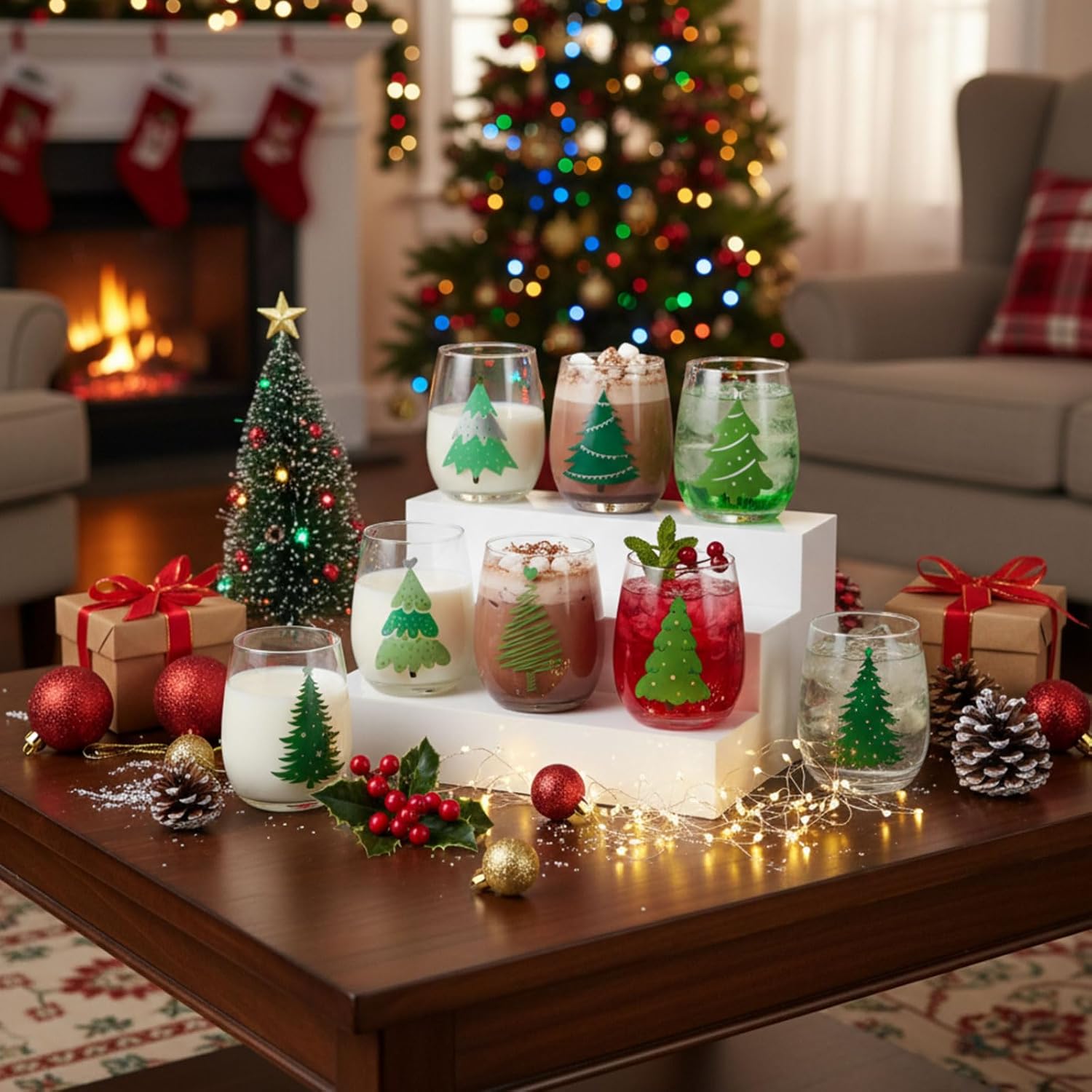 Umigy 8 Pcs Christmas Wine Glasses Green Tree Xmas Stemless Wine Glass 15 oz Winter Green Christmas Tree Glasses for Party Family Holiday Birthday Decoration