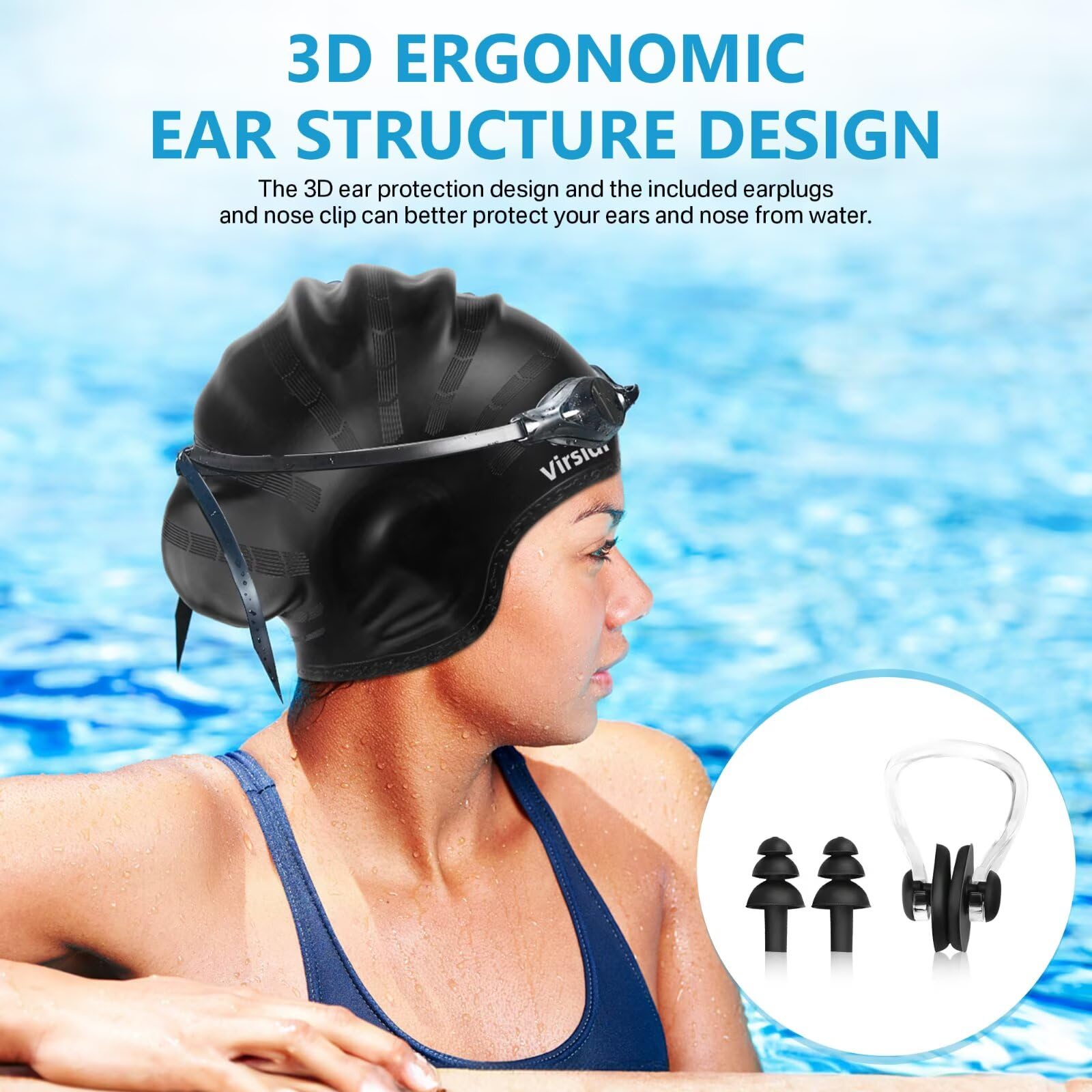 Gorro de natación para cabello largo, gorro de natación de silicona para adultos, mujeres y hombres con protección 3D para los oídos, impermeable, grande, gorros de baño para mantener el