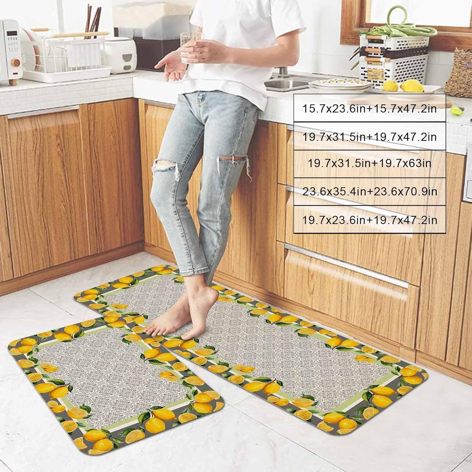 Prime Leader Yellow Lemon Kitchen Mat Set 2 Pieces Watercolor Fruit Farm Brown Flower Pattern Background Non Slip Kitchen Rugs Washable Runner Rug Mats for Sink Laundry (23.6" x 35.4"+23.6" x 70.9")