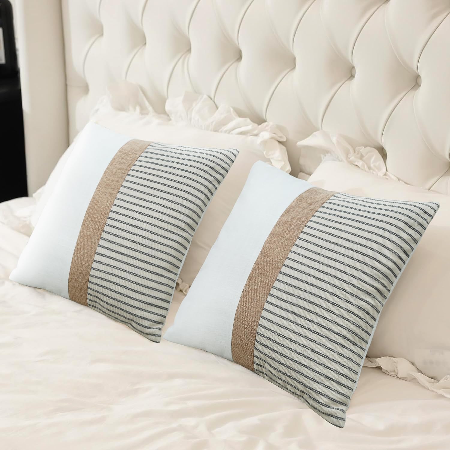 JASEN Farmhouse Pillow Covers 18x18, Modern Accent Square Throw Pillow Covers Set of 2, Grey and Beige Striped Patchwork Decorative Pillow Case for Sofa Couch Chair Bedroom - Image 7