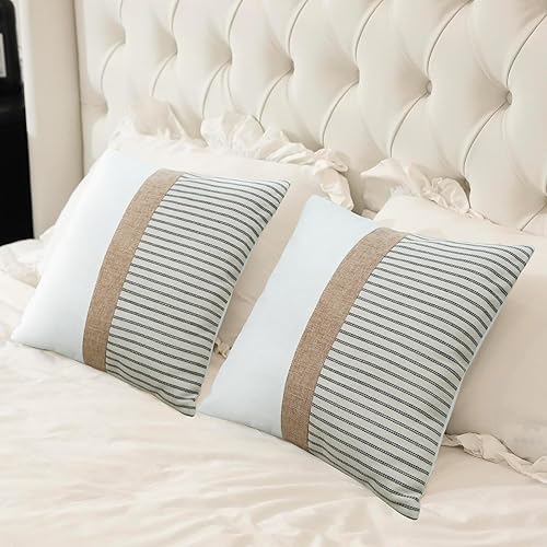 Miniatura 7 de JASEN Juego de 2 fundas de almohada de granja de 18 x 18 pulgadas, fundas de almohada cuadradas modernas, decorativas, de retazos, a rayas grises y