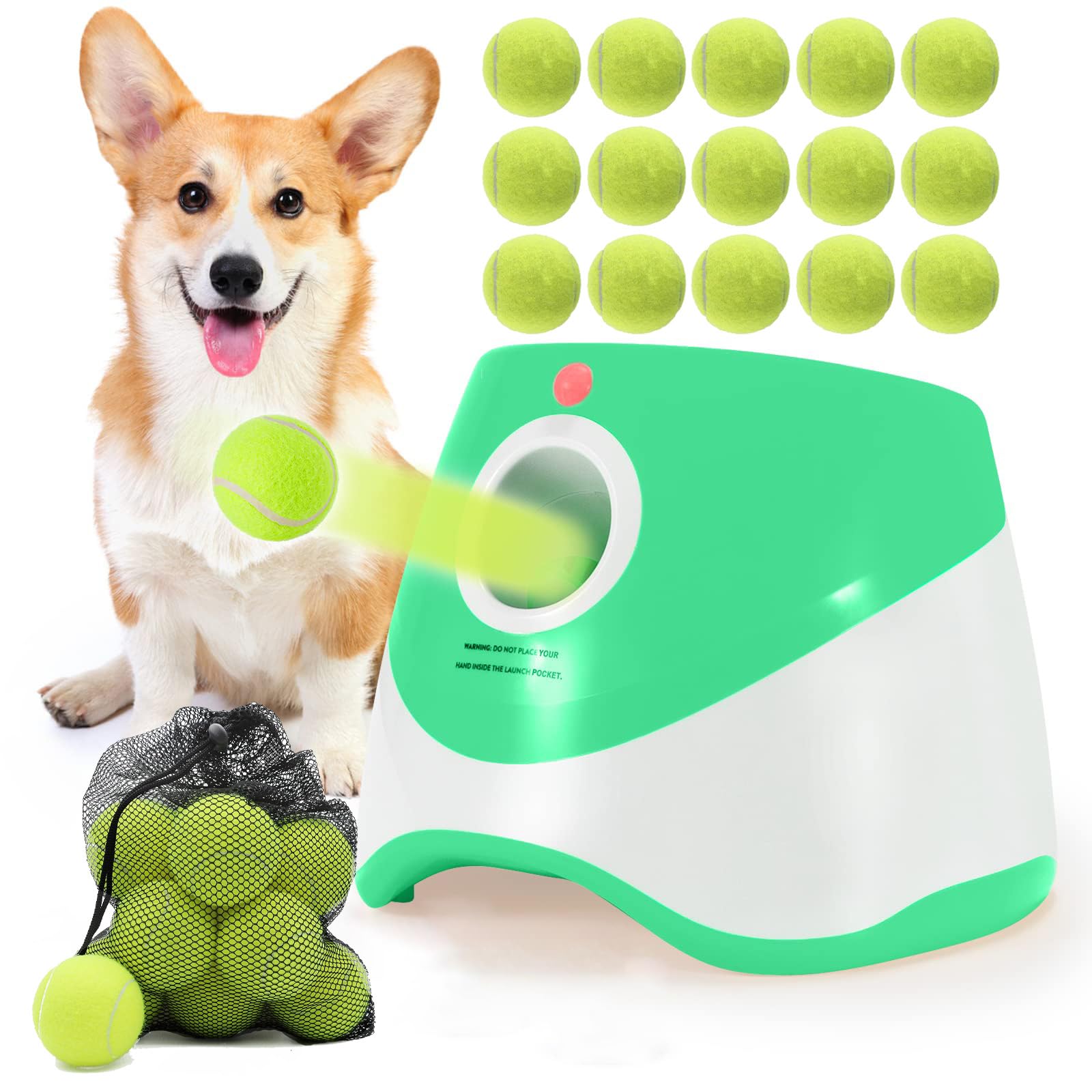 Automatic Ball Launcher for Small and Medium Dogs, USB Rechargeable Ball Thrower,10-30 Ft, Indoor& Outdoor Tennis Ball Thrower, 15PCS Mini Tennis Balls Included (Green Launcher)