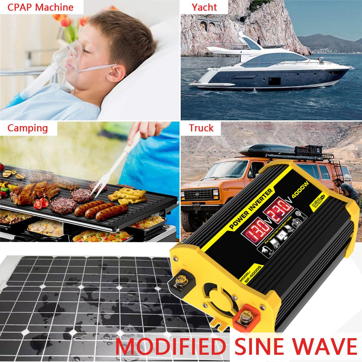 Kit Completo De Energía Solar, Panel Solar De 400W Y Kit Inversor Convertidor, Convertidor De Energía Solar De 12V a 110/220V, Controlador De 30A con 2 Puertos USB,Yellow