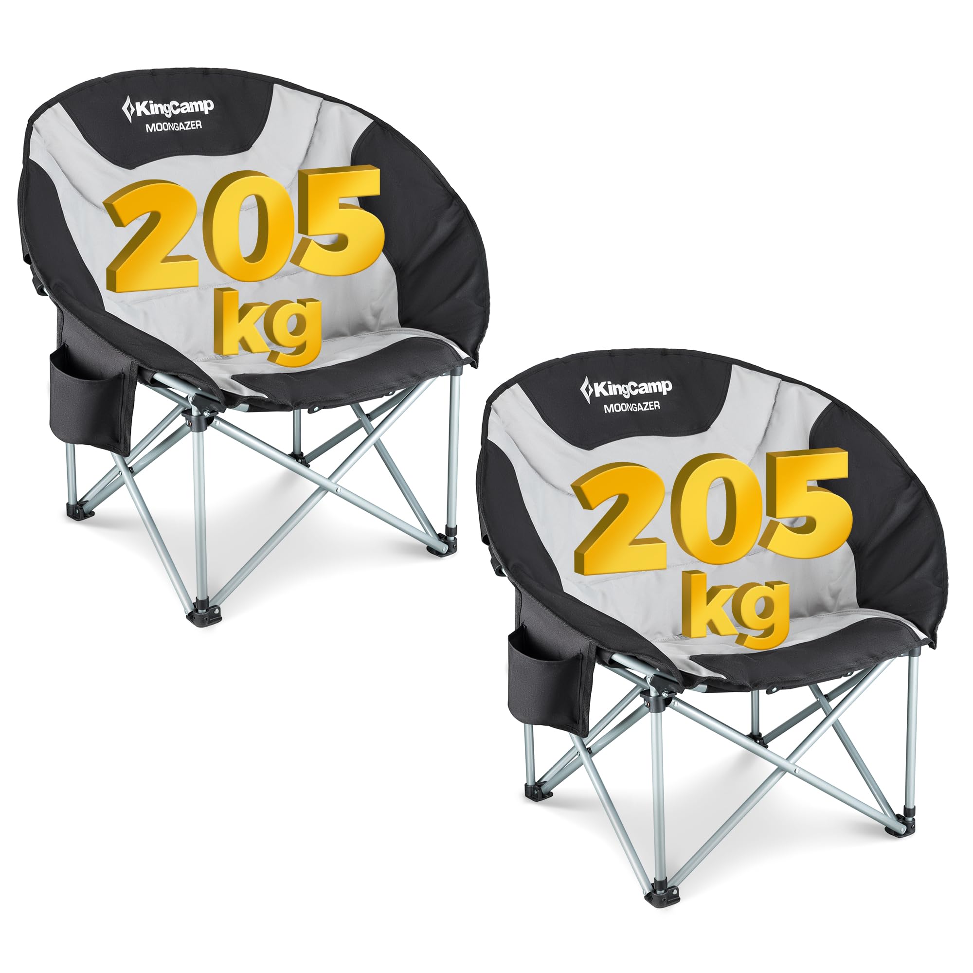 KingCamp 2er Set Moonchair Campingstuhl Faltbar bis 205kg Gepolstert | Tragbar Campingstühle mit Kühltasche, Getränkehalter & Tragetaschen für Camping, Garten, Angeln Outdoor