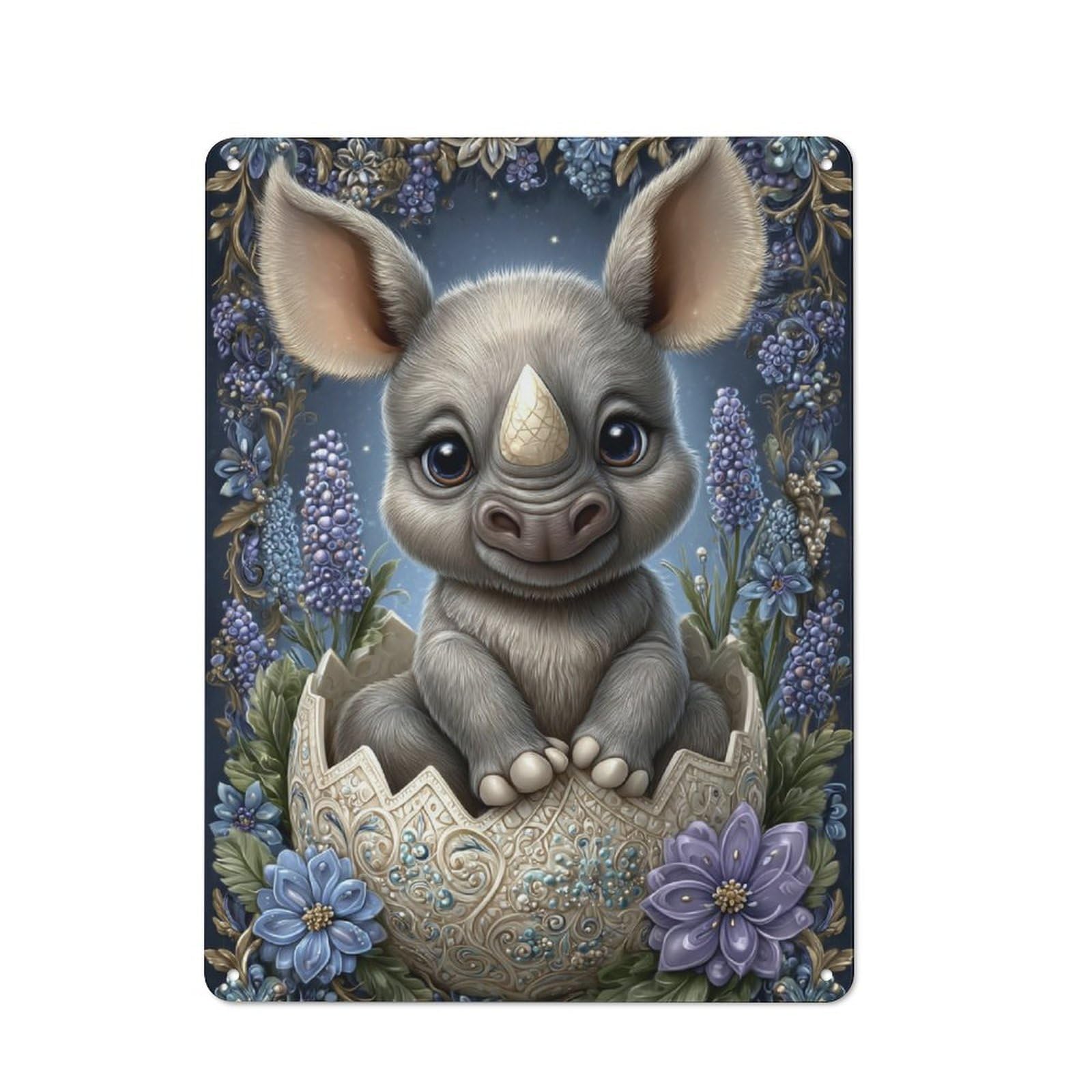 Junmoney Cute Rhino In Egg With Flowers Printed Metal Sign 40X30cm For Kitchen Or Home Bar, Housewarming Present For People Styling Kitchen And Home Bar