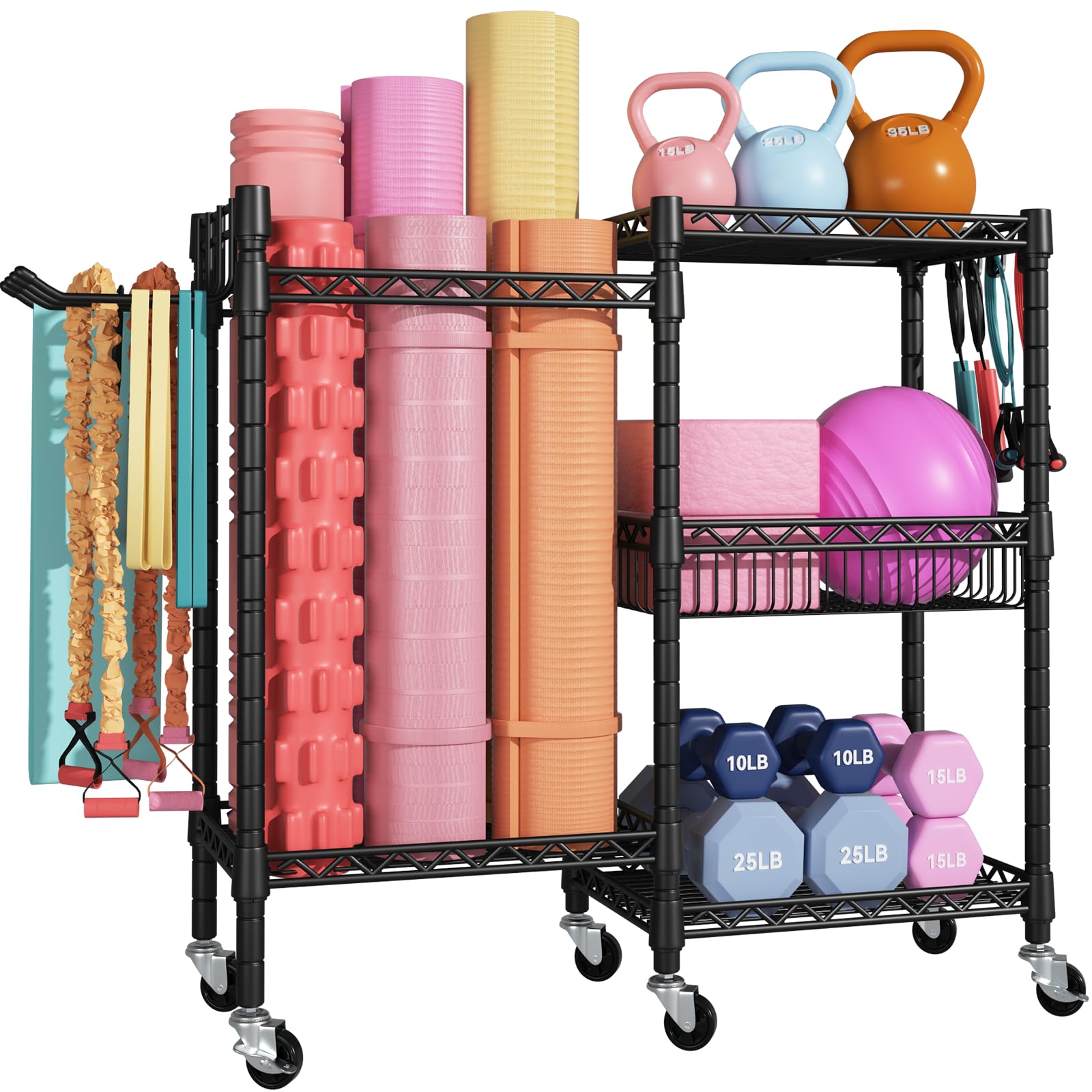 Photo 1 of ***FACTORY SEALED***FUTASSI S2 Home Gym Storage, Rolling Yoga Mat Storage and Organizer, Sport Equipment Rack for Dumbbells, Kettlebells, Foam Rollers, Resistance Bands, 11.8" D x 36" W x 32.5" H, Black