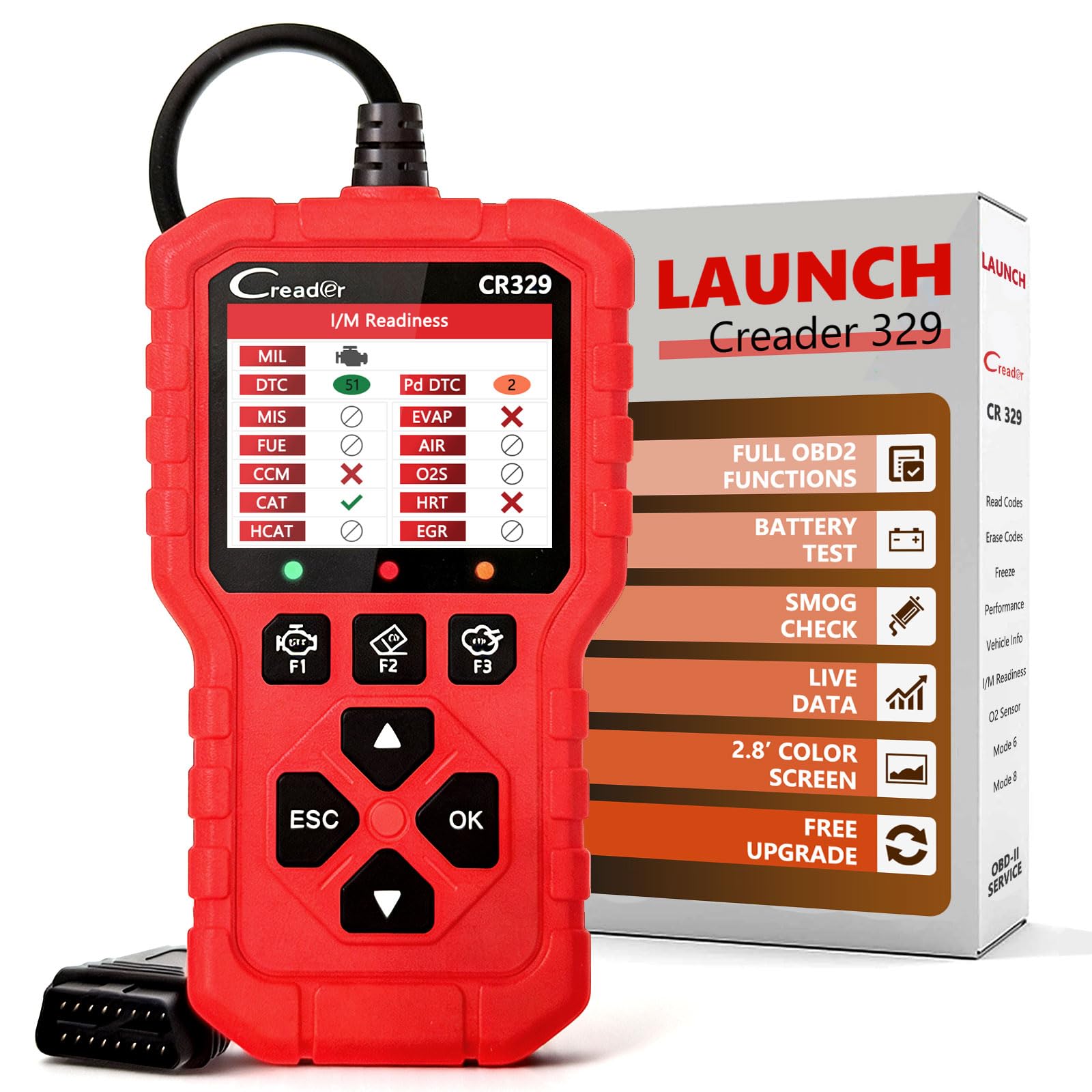 Launch Creader 329 OBD2 Diagnosegerät – Vollständiges OBD-II Scan Tool mit 2,8" Farbdisplay. Motor Fehlercodeleser mit Live-Daten, I/M Readiness & Cloud-Druck. Plug & Play für Alle OBD2-Fahrzeuge