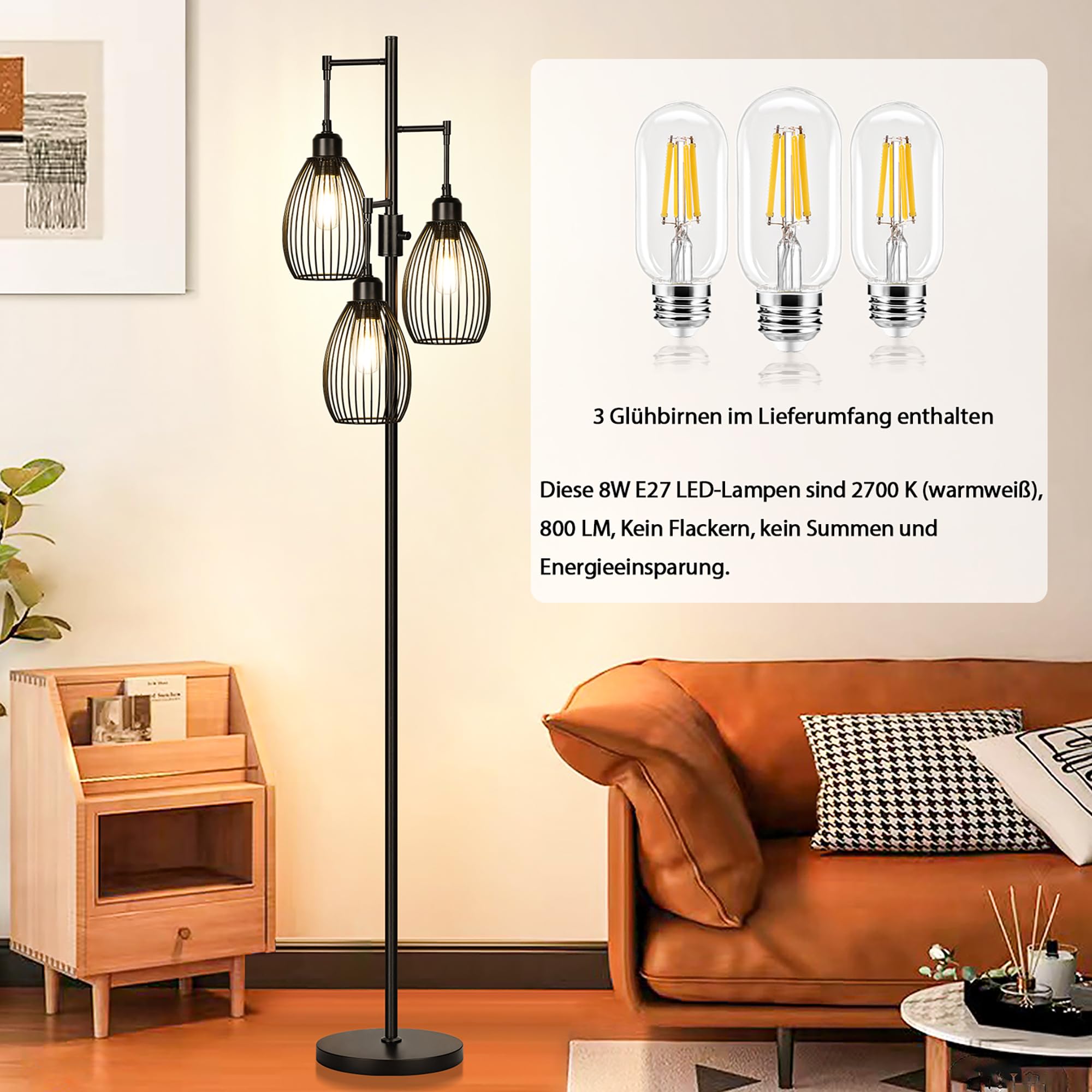 Nintiue Stehlampe Wohnzimmer Dimmbare, mit 3 x 800 LM LED-Glühbirnen, Industrie Bogenlampe stehleuchte mit Elegante tropfenförmige Käfig-Hochlampen für Wohnzimmer und Schlafzimmer
