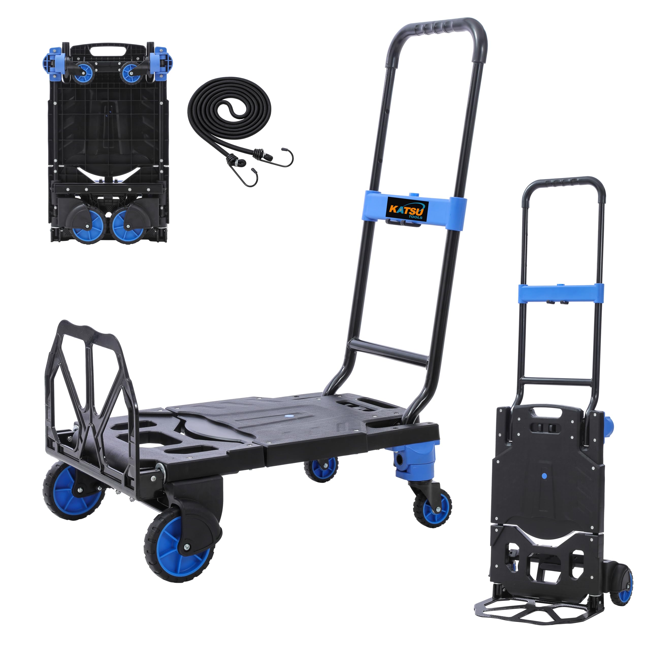 Katsu Tools Blue & Black 2 In 1 Folding Sack Truck, 150Kg/80Kg Capacity, Retractable Handle, Multi Function Hand Truck Trolley, Platform Cart Dolly, Sack Barrow, For Moving Items