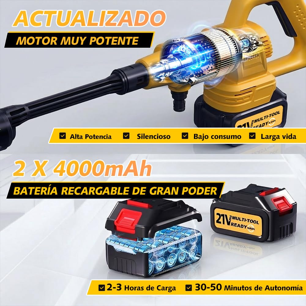 Hidrolimpiadora inalámbrica, 17 Piezas, 8000 mAh, máx. 68 Bares, con Boquilla 6 en 1 y Boquilla giratoria de 180°, hidrolimpiadora portátil para Coches, Bicicletas, terrazas y Jardines.