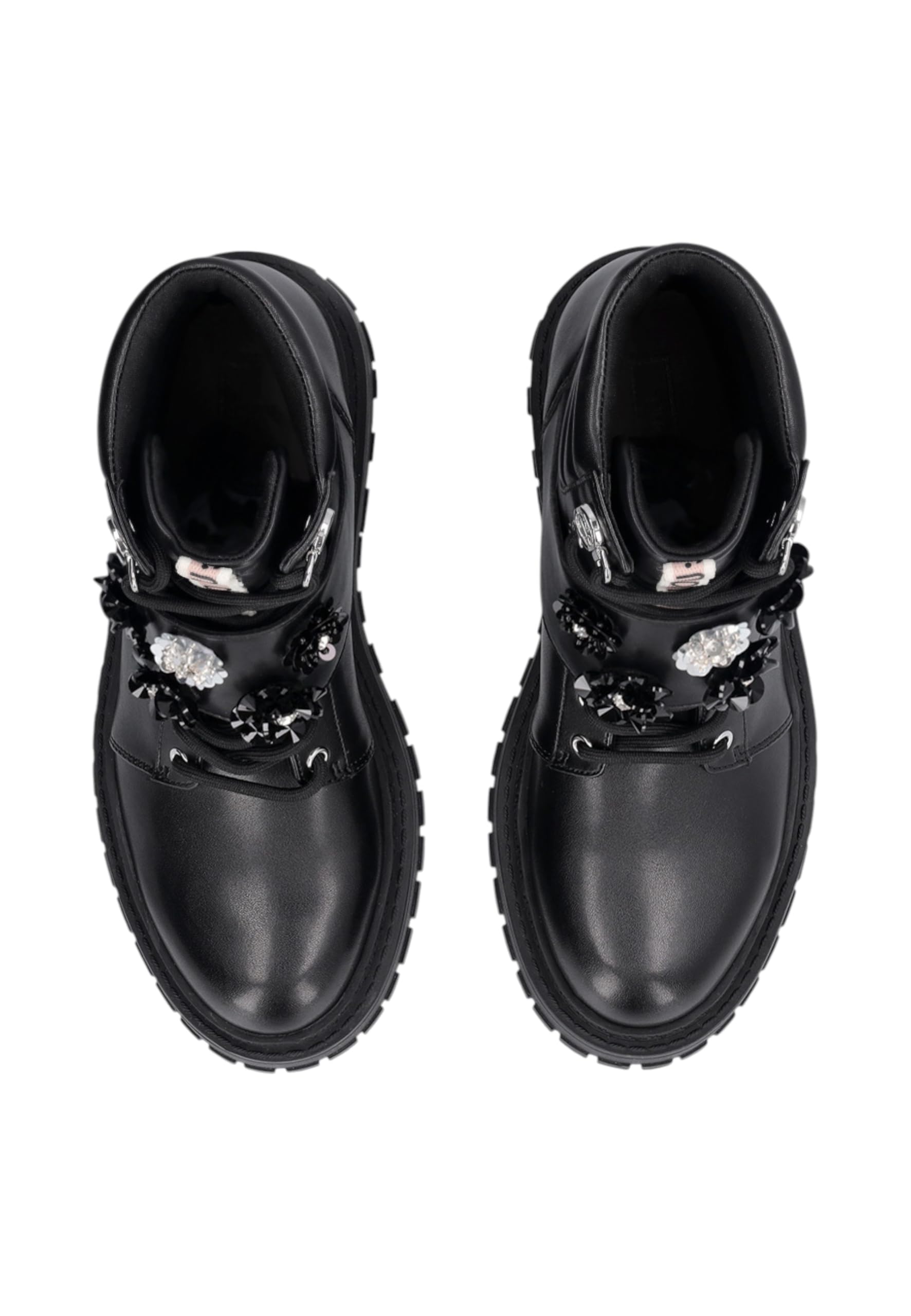 LIU JO Militärstiefel mit Kristallblumen, Schwarz, Leder, Gummisohle, Kampfstil