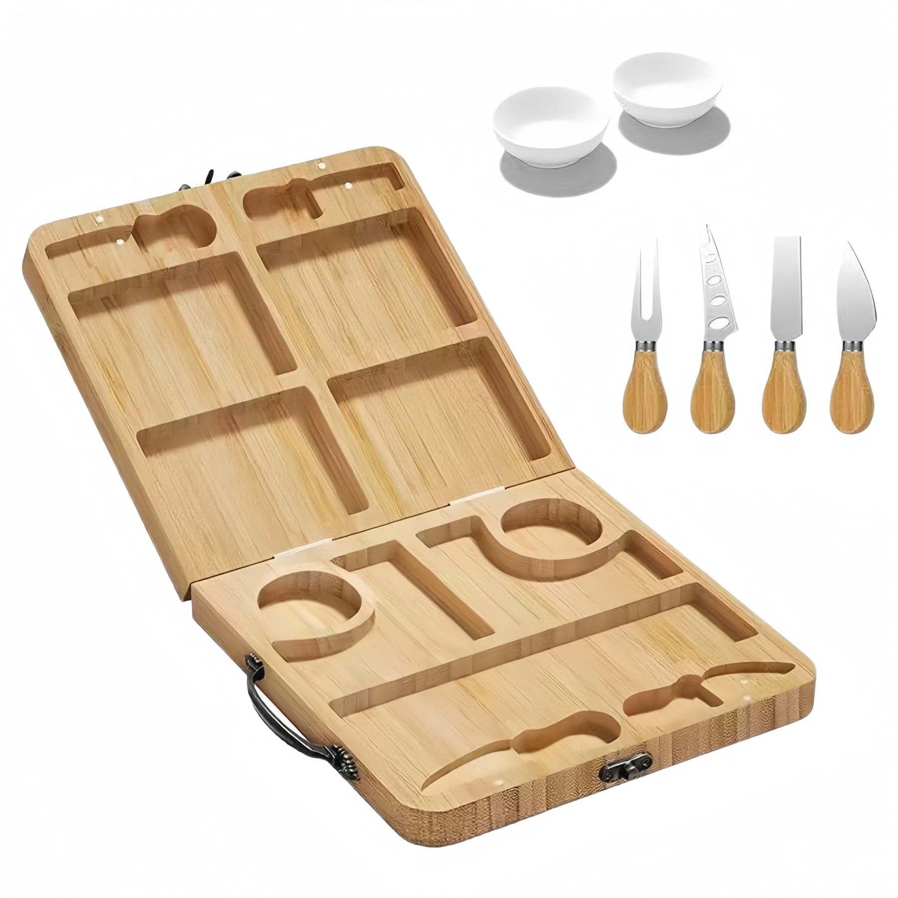 Käsebrett mit Käsemesser Set Tragbare Servierbrett mit Handgriff aus 100% Bambus, 2 in 1 klappbare Käseplatte & Schneidbrett, Charcuterie Snacktablett ideal für Hauswärme Geschenke - 29 x 29cm