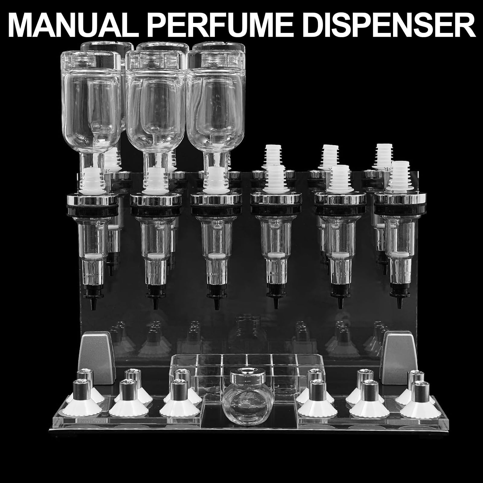 Ręczna stacja dozująca perfumy, pojemność 12 butelek z głowicami pompy i kubkami testowymi, pompki dozujące 200 ml, idealna do sklepu, studia, salonu i baru