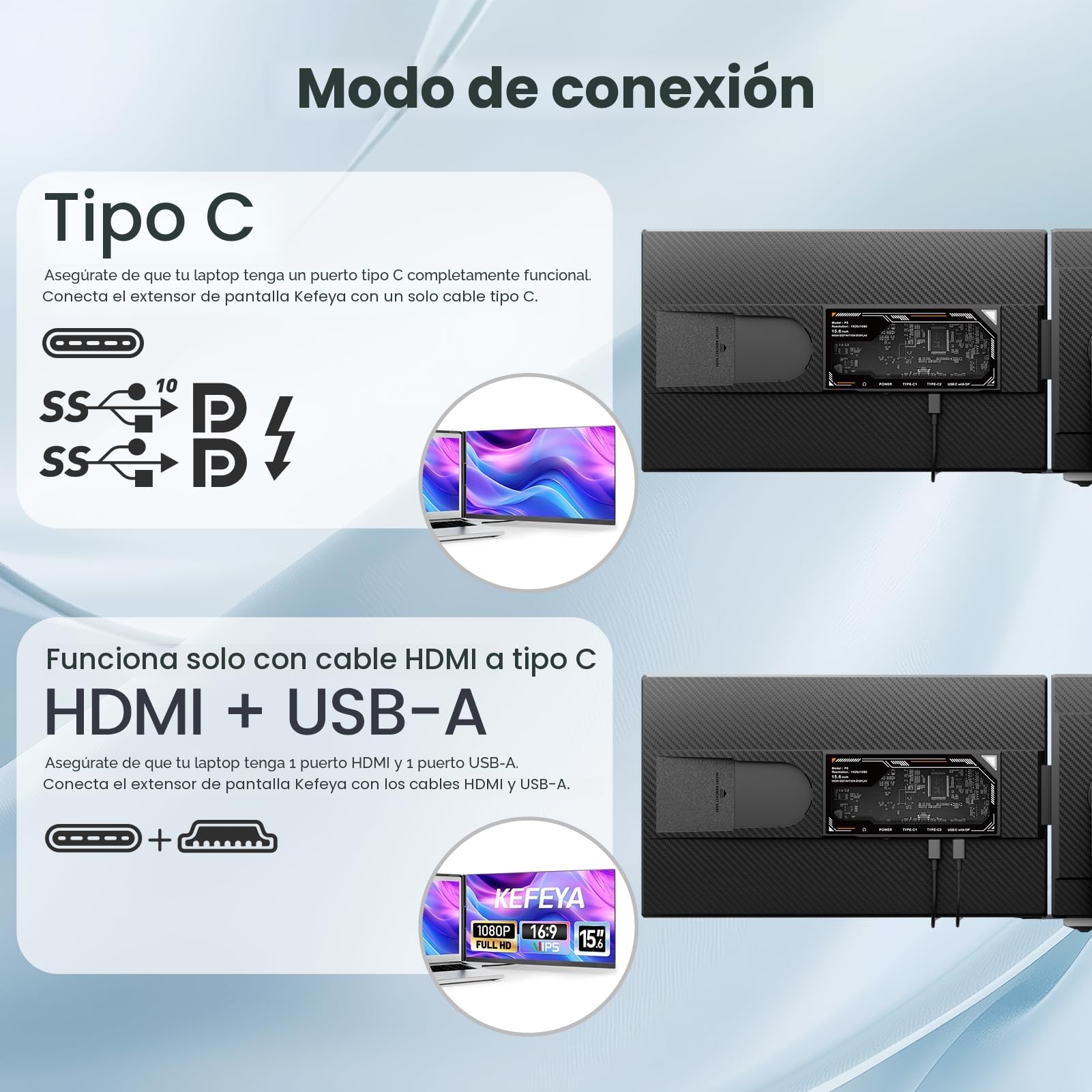 KEFEYA 15.6" Monitor Portatil para Todos Tamaños de Laptops 120% sRGB Pantalla Portati Desmontable Extensor Laptop Screen Extender Plug-Play Pantalla Portatil para Windows, Mac, Android