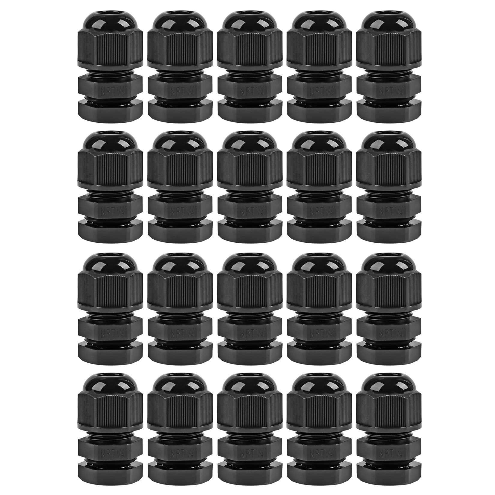 XHF 20 Pcs 1/4 Inch IP68 Strain Relief Nylon Cord Grip NPT Cable Glands Adjustable UL Listed and RoHS Compliant (Black)