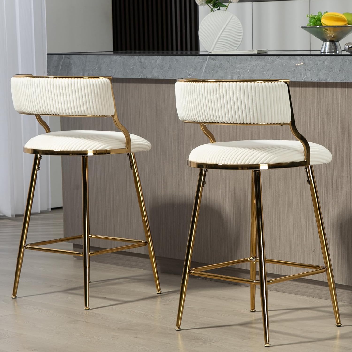 Modern Bar Stools Set of 2 Stool Kitchen Island Stool withBackrest Corduroy Upholstered Bar Chairs with Footrest Sturdy Golden Metal Frame (Beige)