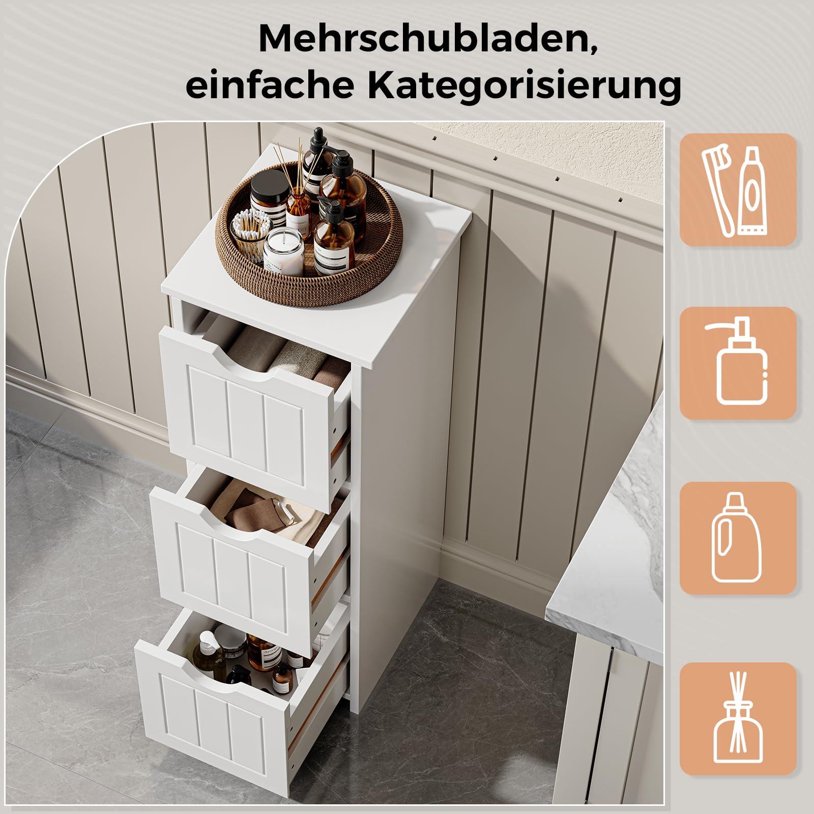 Sweetcrispy Mueble de baño Estrecho 32 x 30 x 81 cm, Moderno, Armario de baño con 3 cajones, Color Blanco Brillante, Estrecho con Gran Espacio de Almacenamiento, Mueble de baño