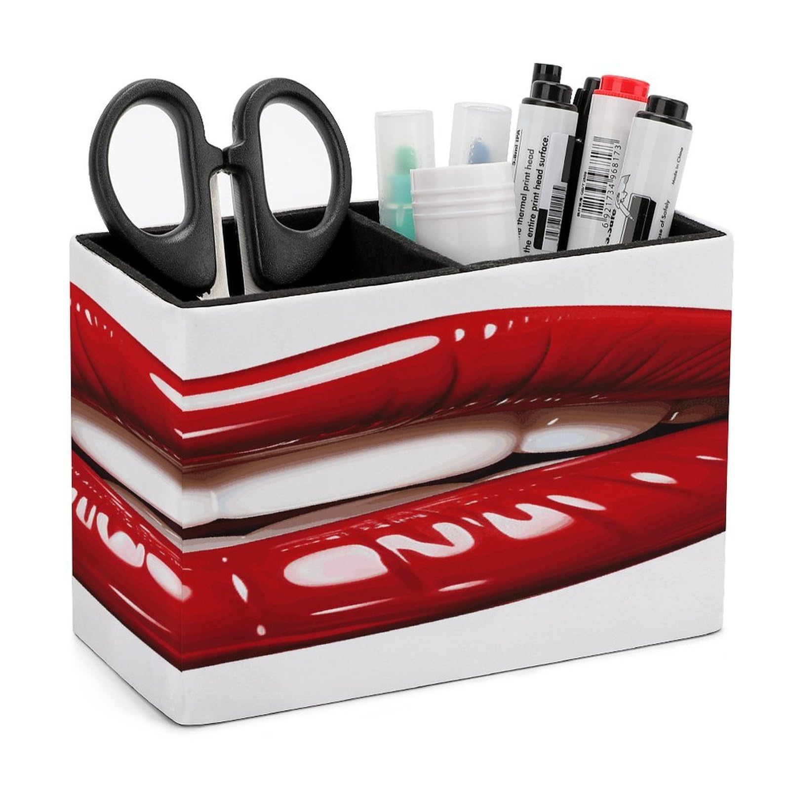 Porte-stylos en cuir lèvre rouge pour maquillage et rangement de bureau stylé