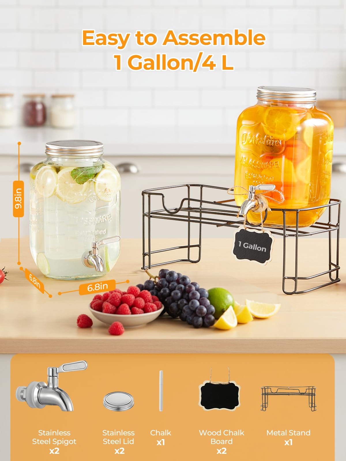 Szklany dozownik do napojów ze stojakiem, 4 l x 2 dozowniki do napojów, szklany dozownik wody z kranikiem do mrożonych soków, wody, domowych napojów, na Boże Narodzenie, na kemping
