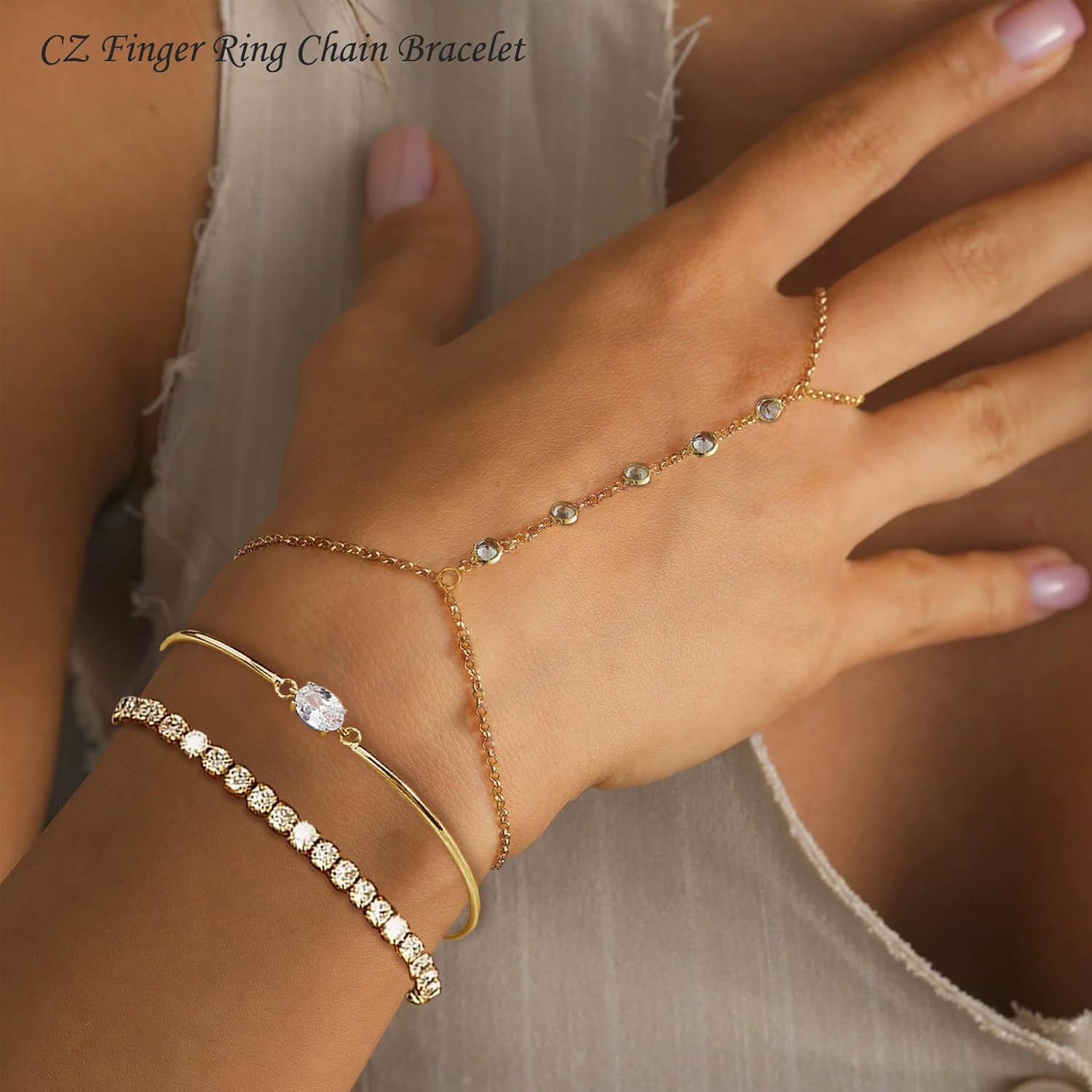 Hand Chain Bracelets Trendy CZ Finger Ring Chain Bracelet Gold Plated Slave Bracelets Stackable Hand Jewelry for Women - Image 3