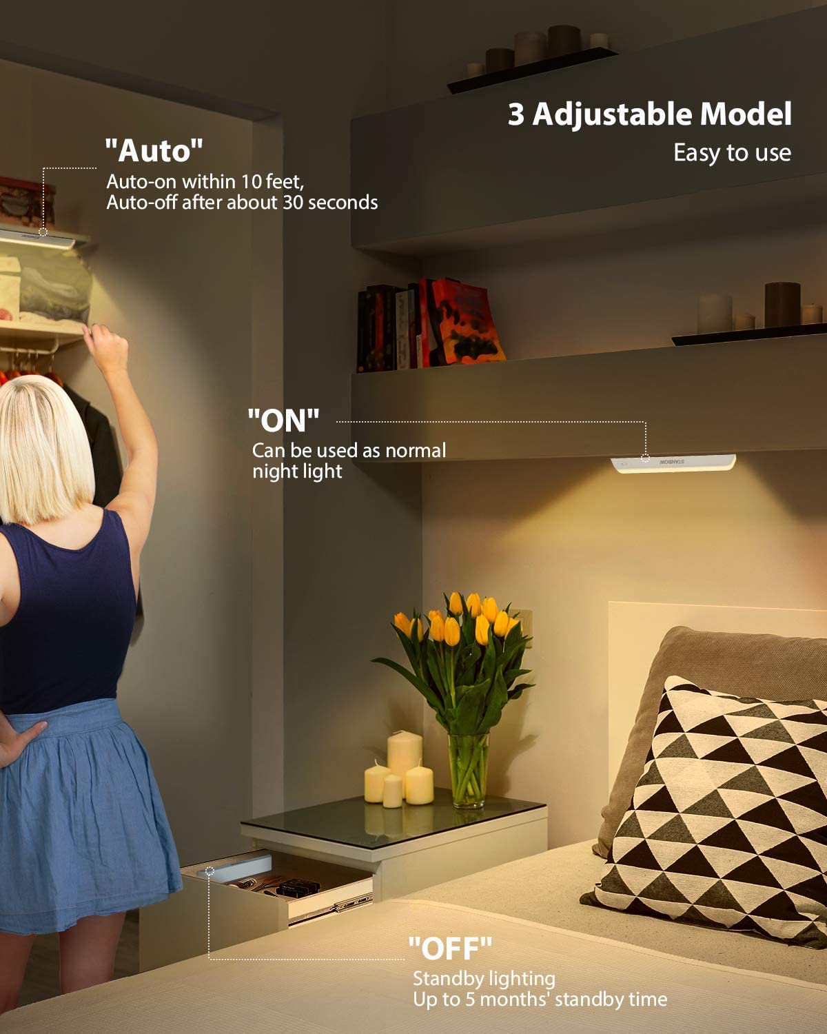A person reaching into a wardrobe with the STANBOW Motion Sensor Under Cabinet Light installed above, illustrating the 'Auto', 'ON', and 'OFF' modes with descriptions.