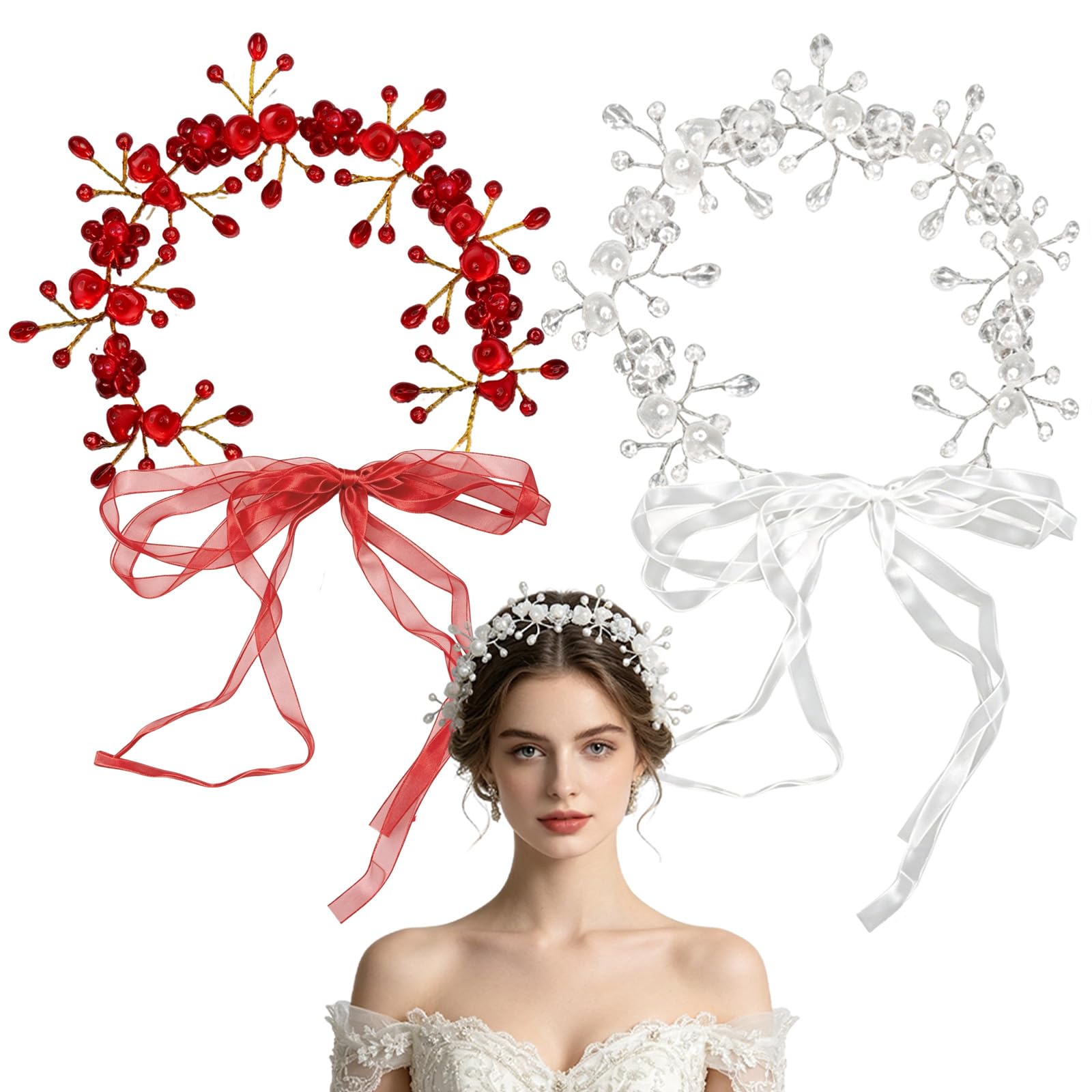 Muiltvoe 2 PCS Pearl Bridal Headband Rhinestones Headpiece Wedding Hair Accessories Crystal Flower Girl Hair Wreath，for Wedding, Engagement, Valentine'S Day, Gift for Bride Bridesmaid Girls