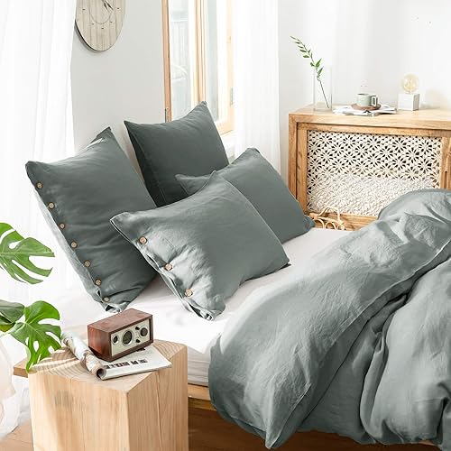 Miniatura 6 de Simple&Opulence - Juego de 2 fundas europeas 100% lino con botón de coco (26 x 26 pulgadas), lino natural lavado de color liso, suave y transpirable