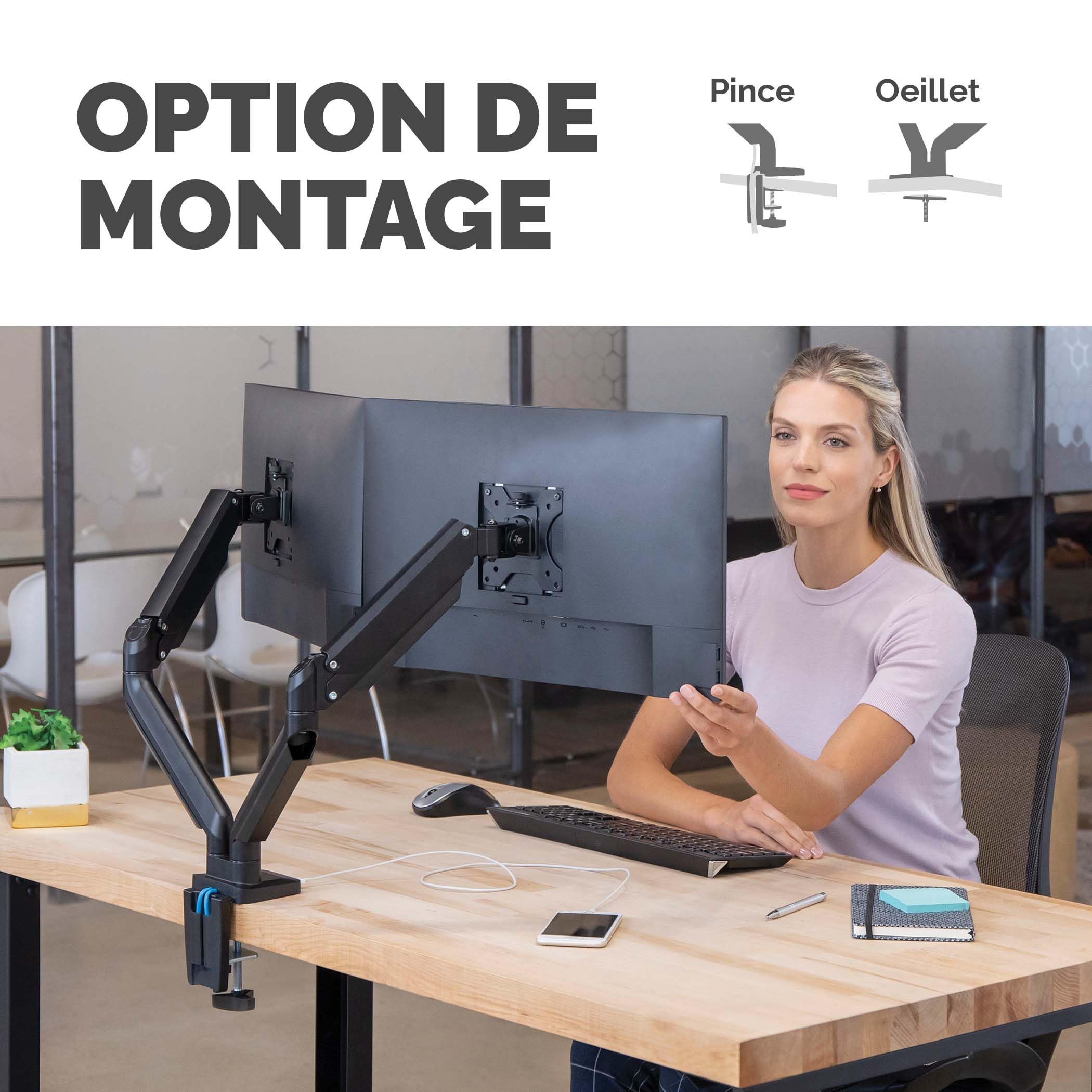 Fellowes Bras Porte Écrans Platinum Double Horizontal pour 2 Moniteurs Jusqu'à 32", Hauteur Ajustable, Norme VESA, 2 Ports USB