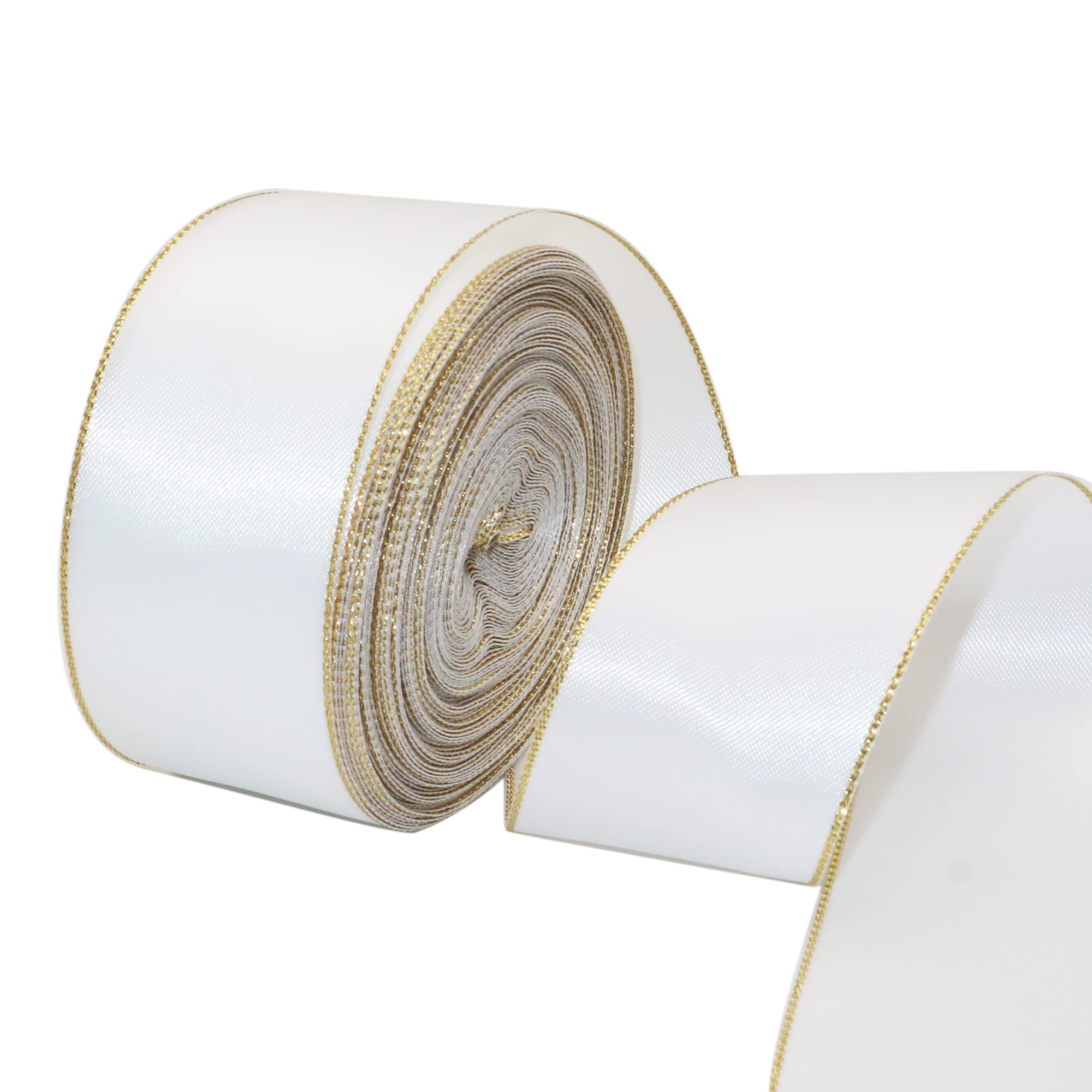 David accessories Whit Satin Ribbon with Gold Edges 1.5 Inch Wide 20 Yards, Gold Border Fabric Ribbons for Gift Wrapping DIY Crafts Christmas Decor Wreath Bows Invitations (White)