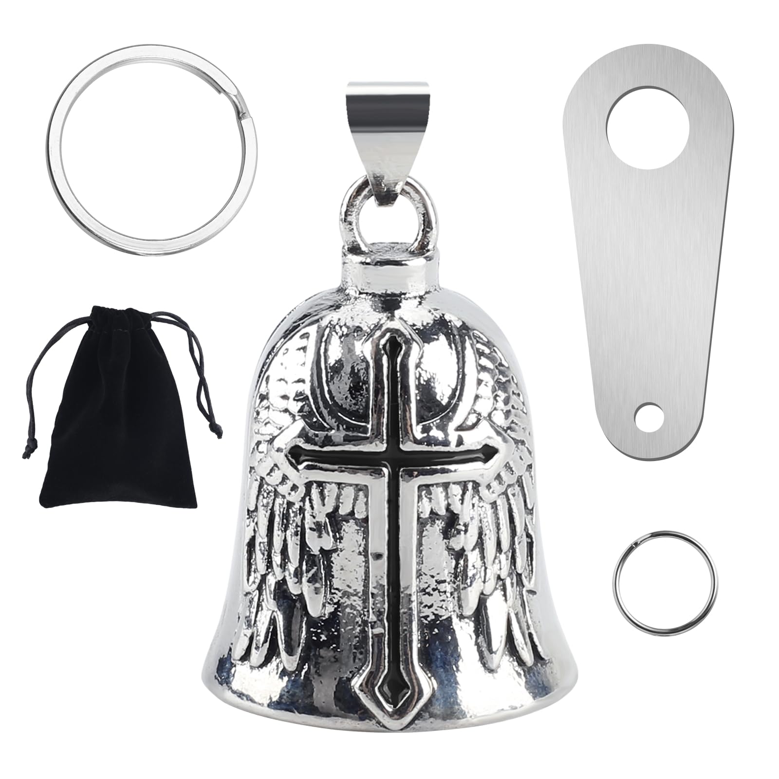 VAGCARS Motorcycle Guardian Bell Angel,Biker Luck Riding Spirit Bell with Hanger,2 Key Chain Rings,Organiser Bag,Good Luck Charm Gift for Riders (Black)